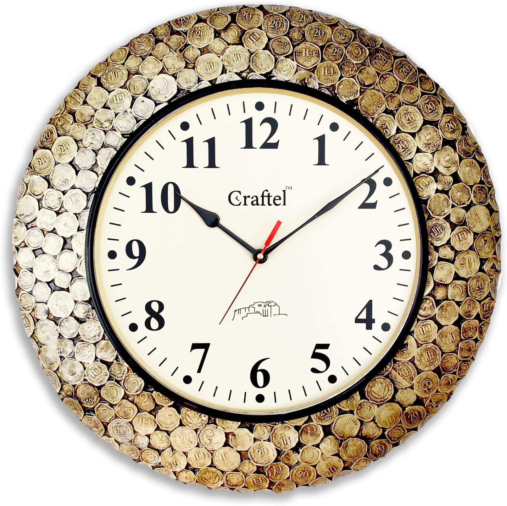 Brass Coin Desgin Roman Dial Wall Clock Antique Decorative Clock Vintage Clock for Bedroom Living Room Home and Office (18 inch, Gold)