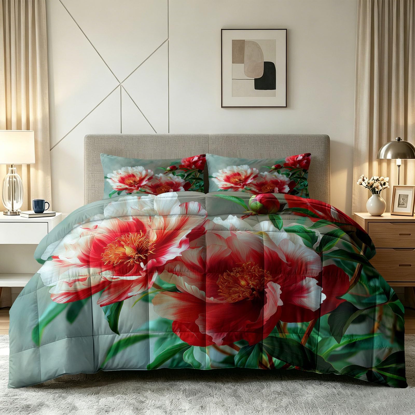 Edredón de 200 x 200 cm de flores reversible cálido para cama de 2 personas
