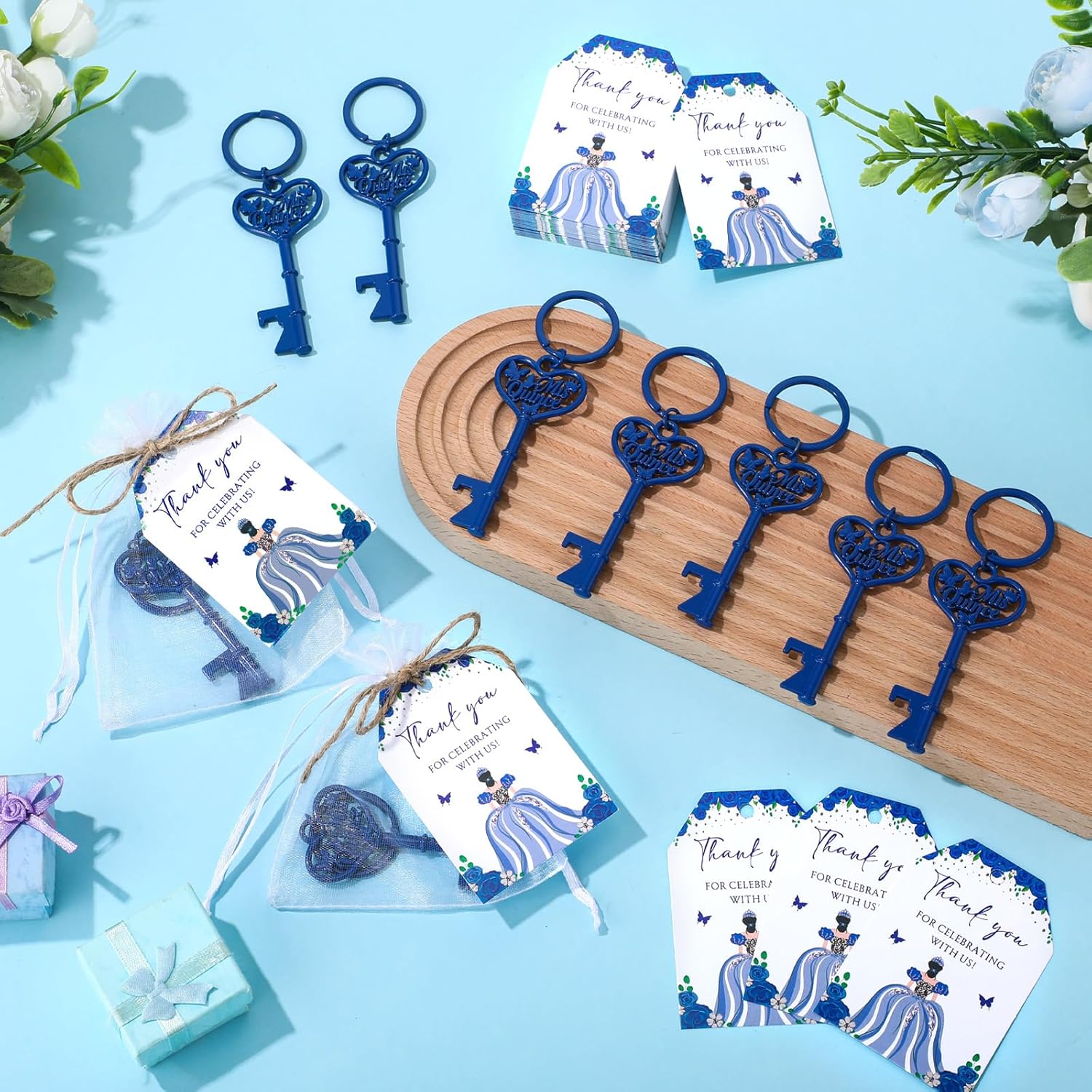 50 Sets Quinceanera Party Favors for Guests Butterfly Bottle Opener Keychain Thank You Tag Organza Bag Sweet 15 Years Quinceanera Gifts for Mis Quince Birthday Party Supplies (Blue) - Image 5
