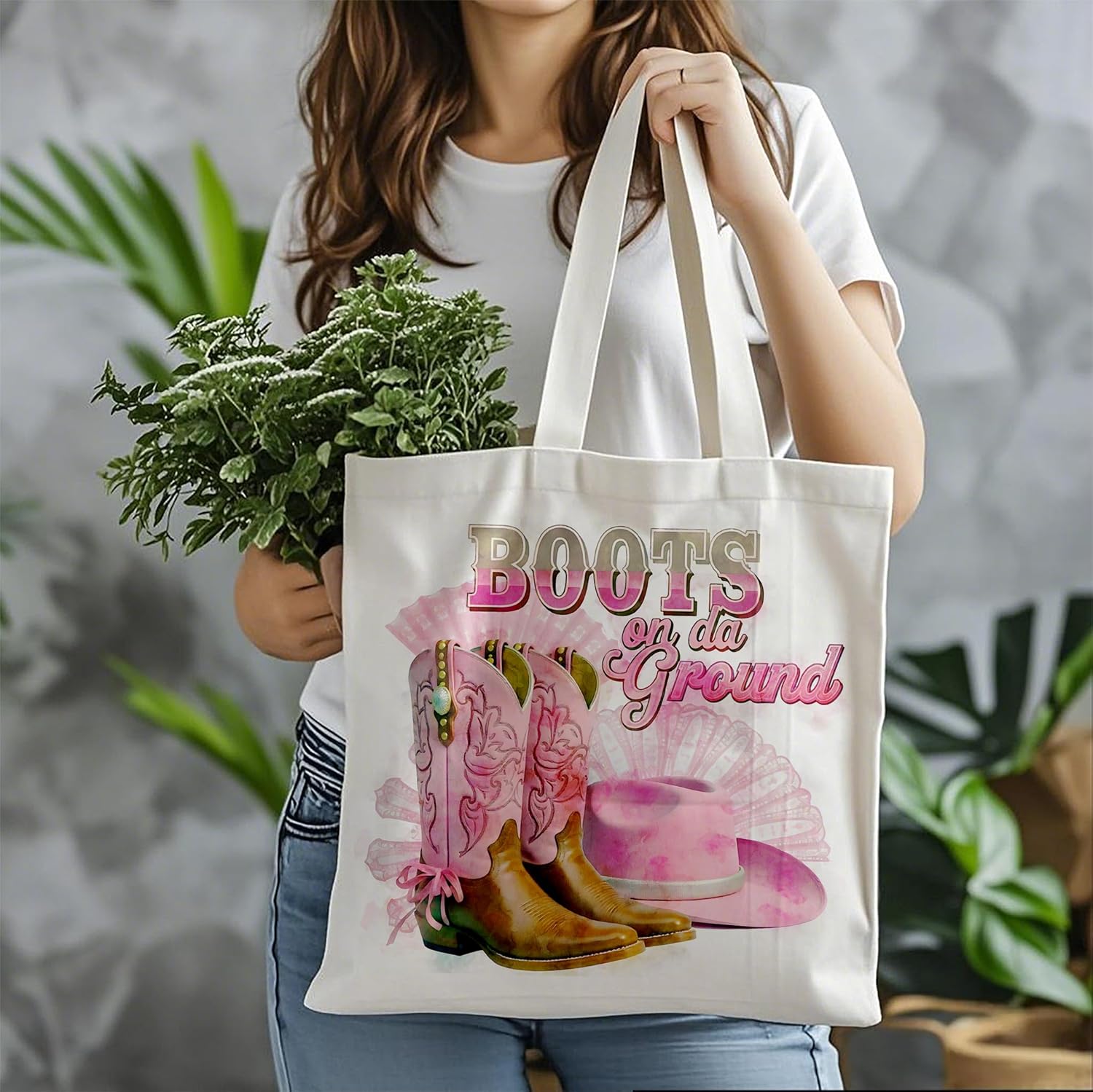 Pink Cowboy Boots & Hat Canvas Tote Bag, Gifts for Women Who Love Western Style, Cute Country Aesthetic Reusable Tote for Shopping, Concerts, Daily Use - Image 2