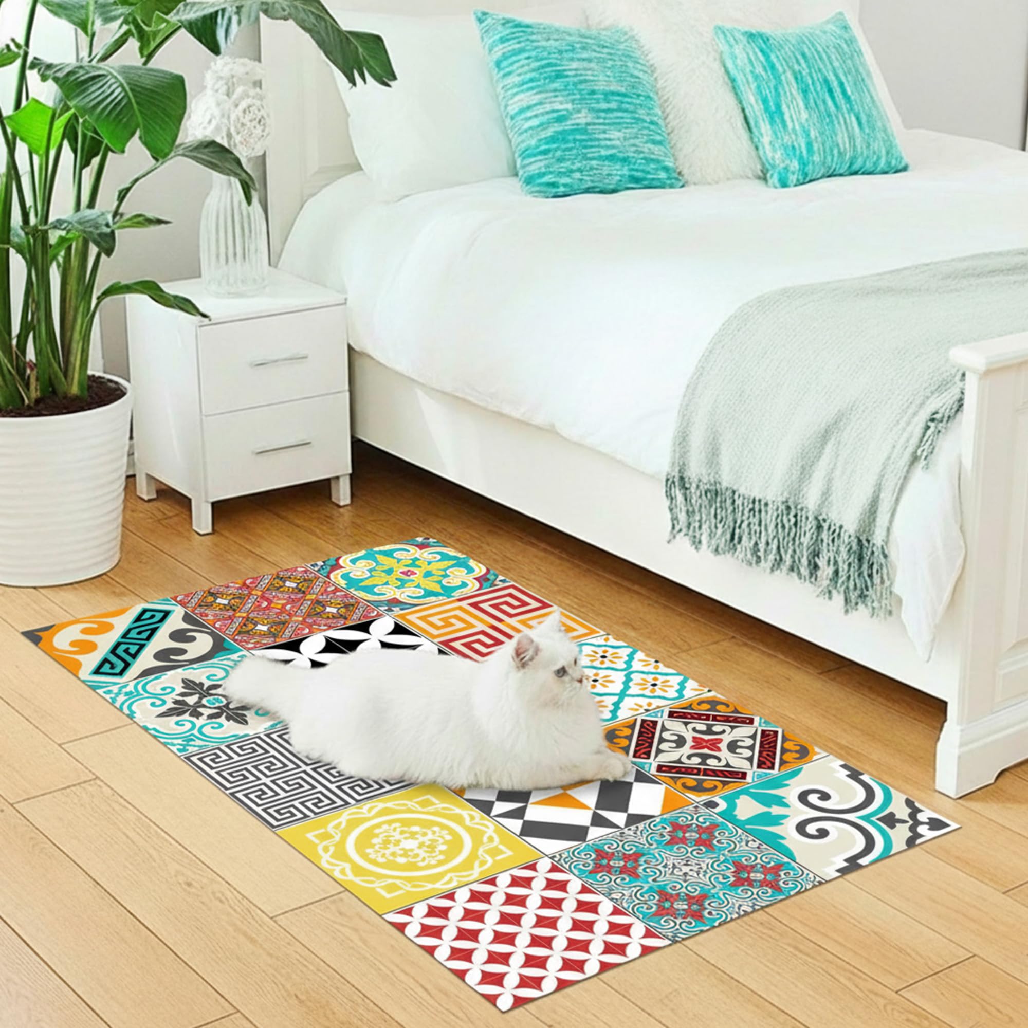Tapis Vinyle pour le sol en PVC - Antidérapant - Protection pour le Sol - Inspiration Carreaux de Ciment - Lavable à la main - Epaisseur 2,2 mm - 60 cm x 100 cm - Tapis de sol Multicolore