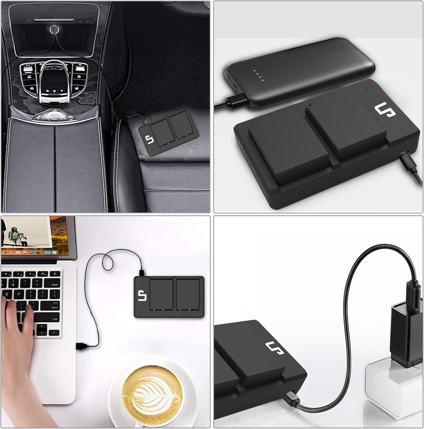 Images showing the charger connected to a car charger, power bank, laptop, and wall adapter