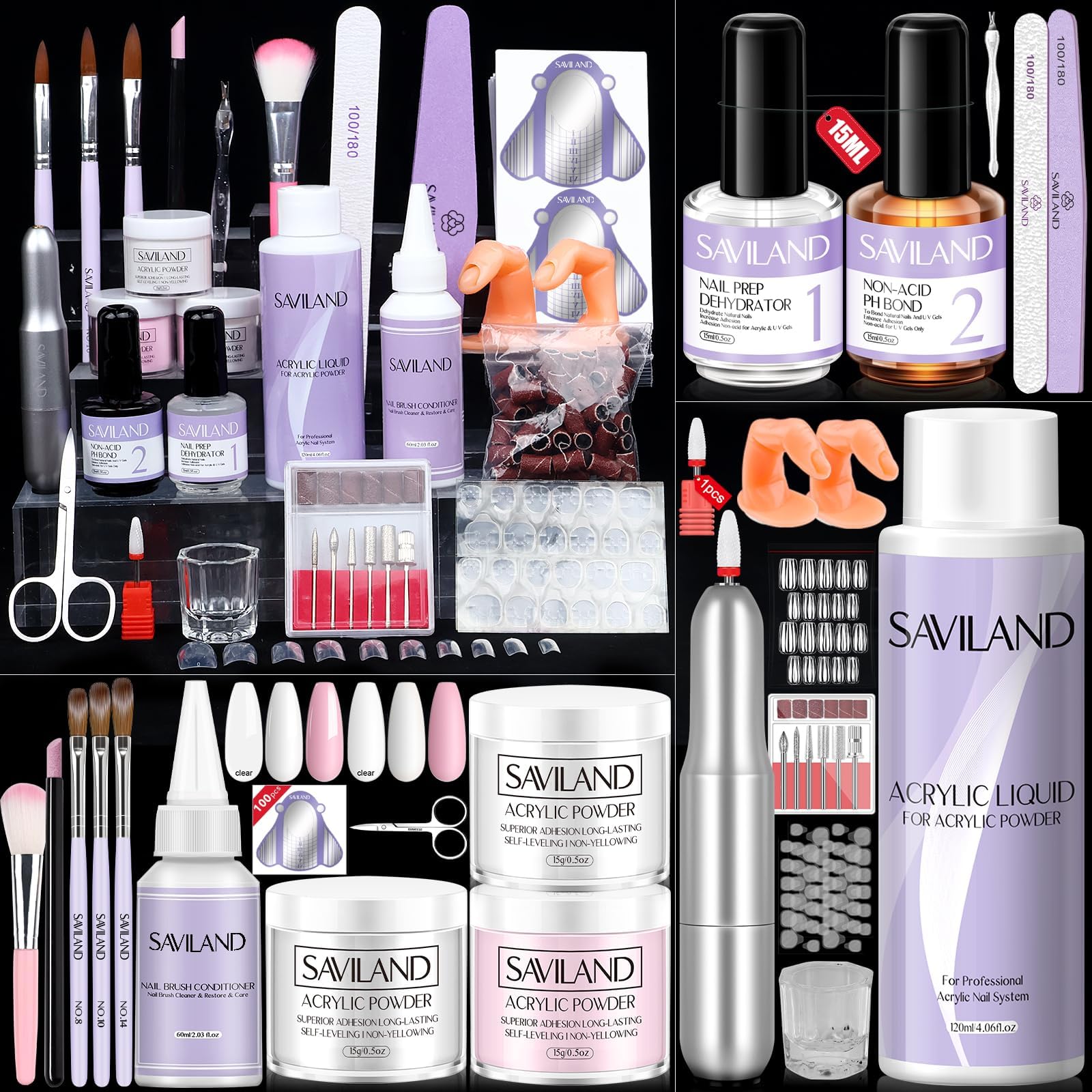 SAVILAND Acrylic Nail Kit for Nail Practice - 3 Colors Acrylic Powder and 4OZ Acrylic Liquid Set with 50pcs Full Cover nails tip for Extension Nails Starter Kit for Home DIY Acrylic Nails Application