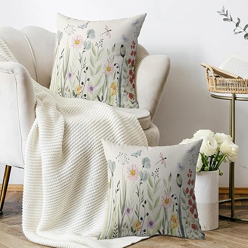 Miniatura 3 de sorfbliss Juego de 2 fundas de almohada decorativas de primavera verde salvia de 18 x 18 pulgadas, diseño de hojas de acuarela, mariposa, libélula y