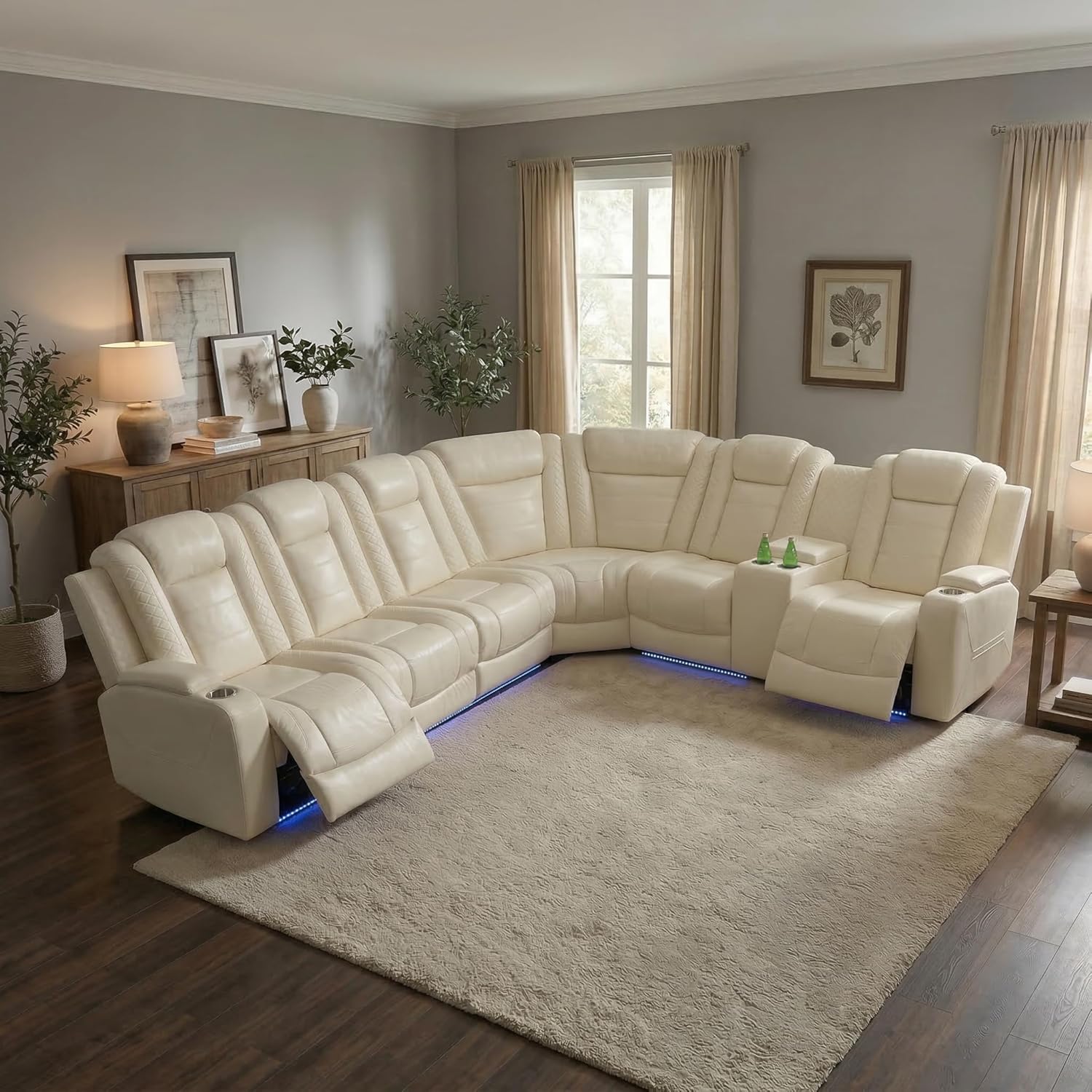 Power Recliner Sectional Sofa, Off-White Breathing Leather L-Shaped Corner Couch with LED Lights, USB/Type-C, Wireless Charging, Cup Holders & Storage Console for Living Room Theater