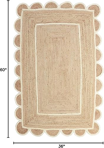 Miniatura 2 de Alfombra rectangular de yute festoneado de 3 x 5 pies, base de fibra natural, ribete blanco roto, bohemio, reversible, tejida a mano, alfombra de