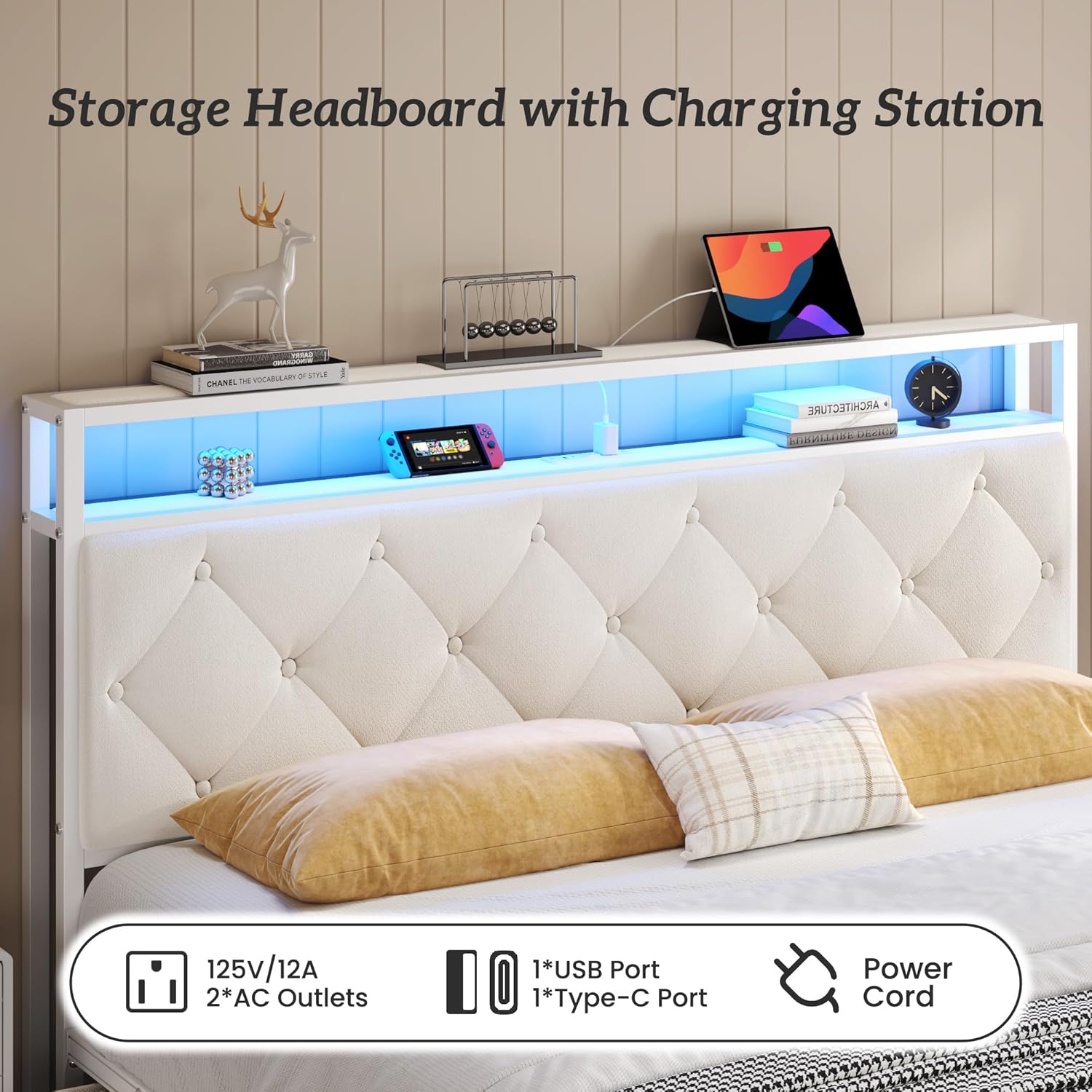 Queen Bed Frame with Headboard, Storage Drawers, Fast Charging Station, Led Lights, Bed Frame Queen Size with Fabric Drawers, Metal Structure, No Box Spring Needed, Easy Assembly, Beige