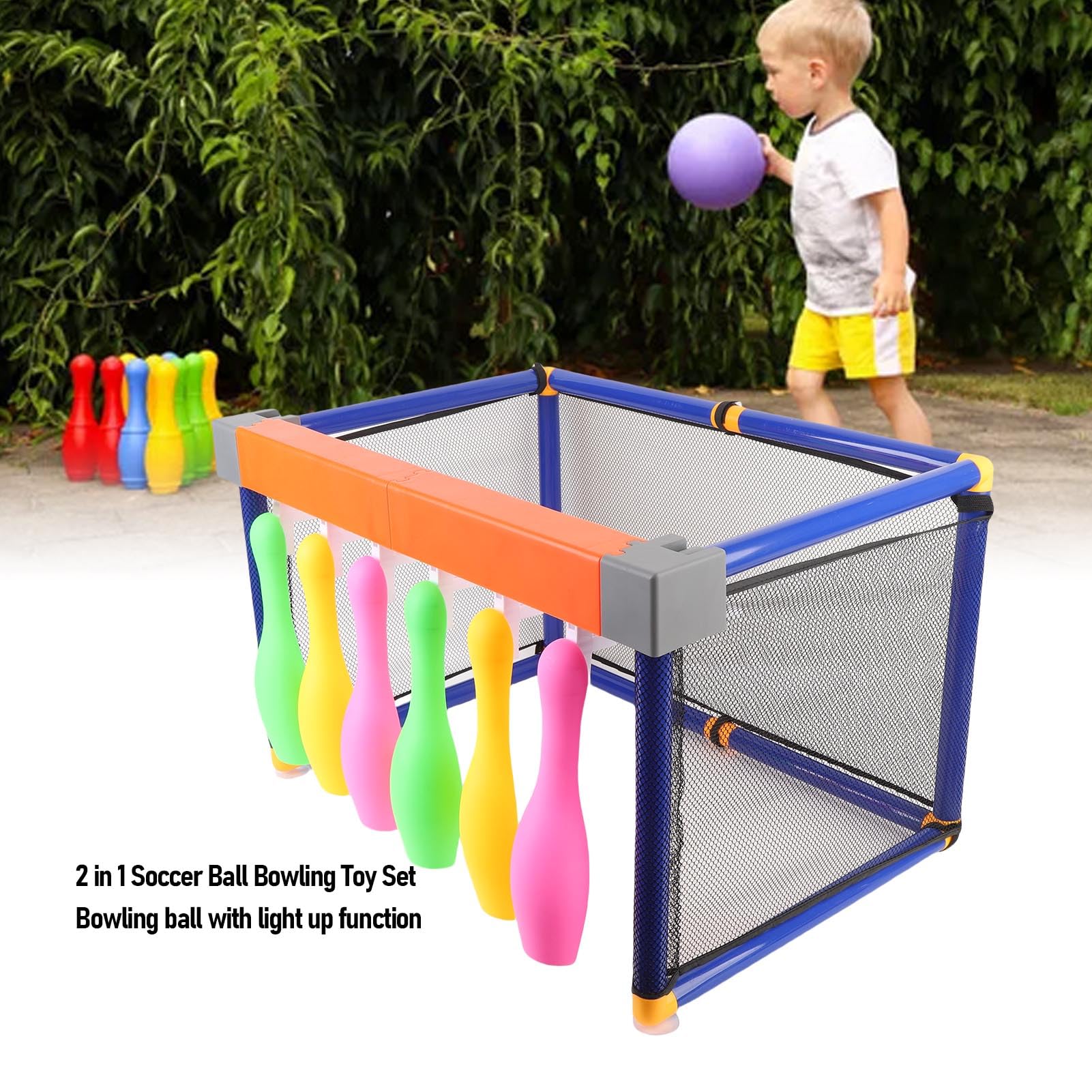 Juegos de Bolos para Niños, Juego de Bolos de Fútbol con 2 Bolas Iluminadas para Niños Pequeños, Juguetes Deportivos de Interior para – 6 y Portería de Fútbol