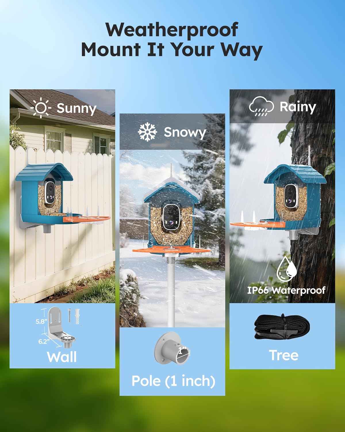 Smart Bird Feeder with Camera Solar Powered for Outdoors 2K FHD AI Recognition Hanging Bird Feeder Camera for Outside Backyard Garden, Gifts for Birdlover Mom Dad Kid (Deep Blue and Orange)