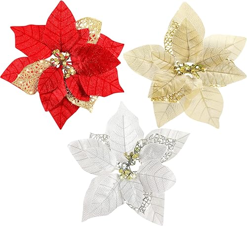 30 flores de Pascua artificiales de Navidad grandes de 8 pulgadas, para árbol de Navidad con purpurina, flores de imitación, guirnalda floral para 30 flores de Pascua artificiales de Navidad grandes de 8 pulgadas, para árbol de Navidad con purpurina, flores de imitación, guirnalda floral para