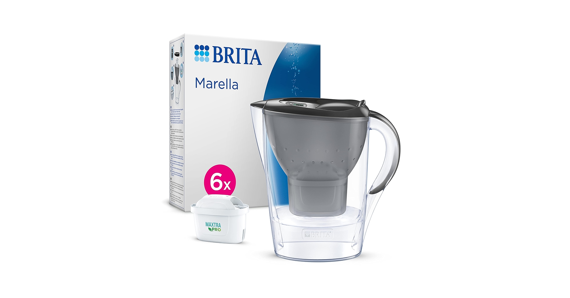 BRITA Marella Water Filter Jug Graphite (2.4L) Half Year Pack Incl. 6x MAXTRA PRO Pure Performance Cartridge - Fridge-fitting Jug With Digital LTI And Flip-Lid - Now In Sustainable Smart Box