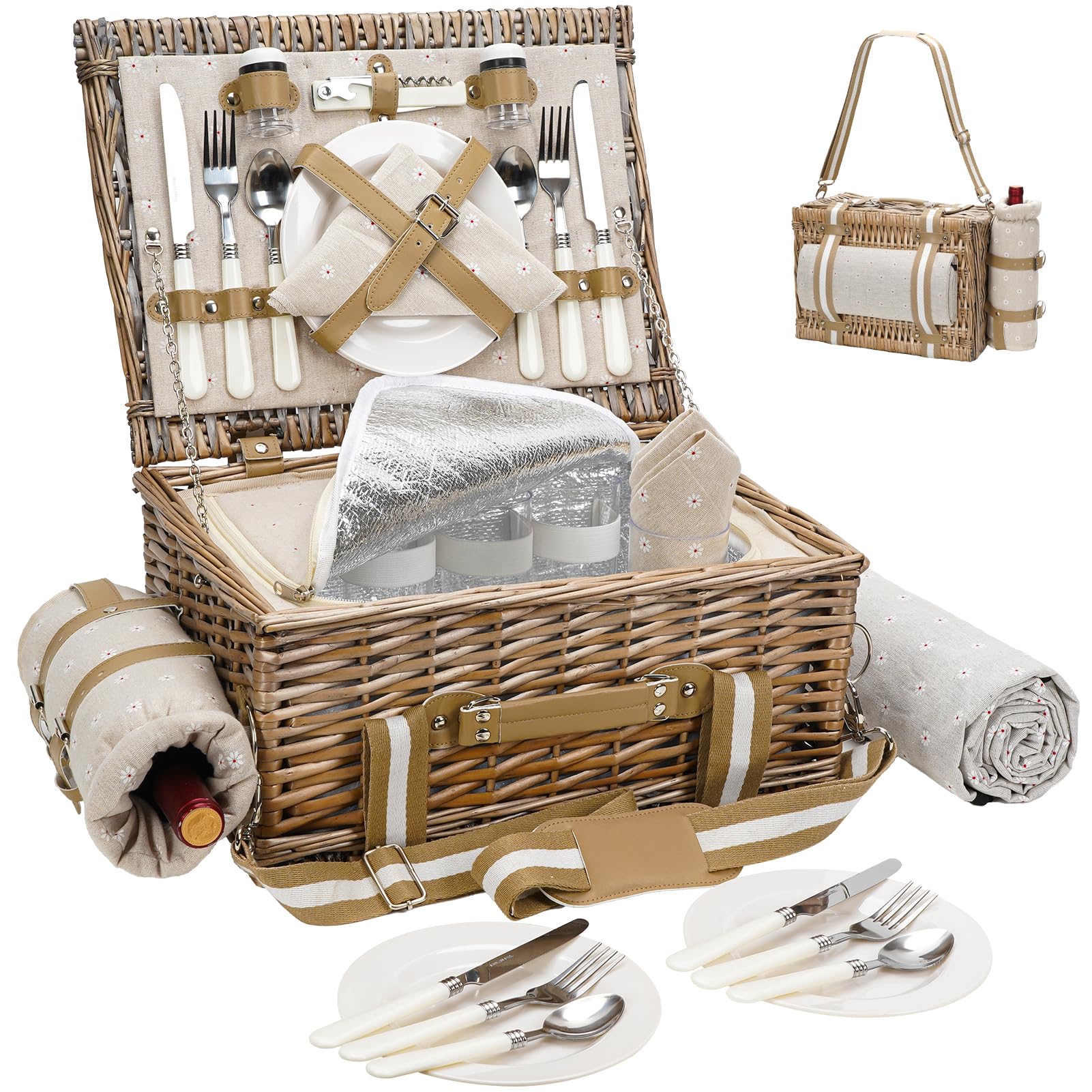 G GOOD GAIN Picknickkorb für 4 Personen – Weiden-Picknick-Set mit wasserdichter Decke und Weintasche, großer Picknickkorb mit isoliertem Kühler und Besteck-Set für Paare, Camping, weiße Blume, 40,6 x