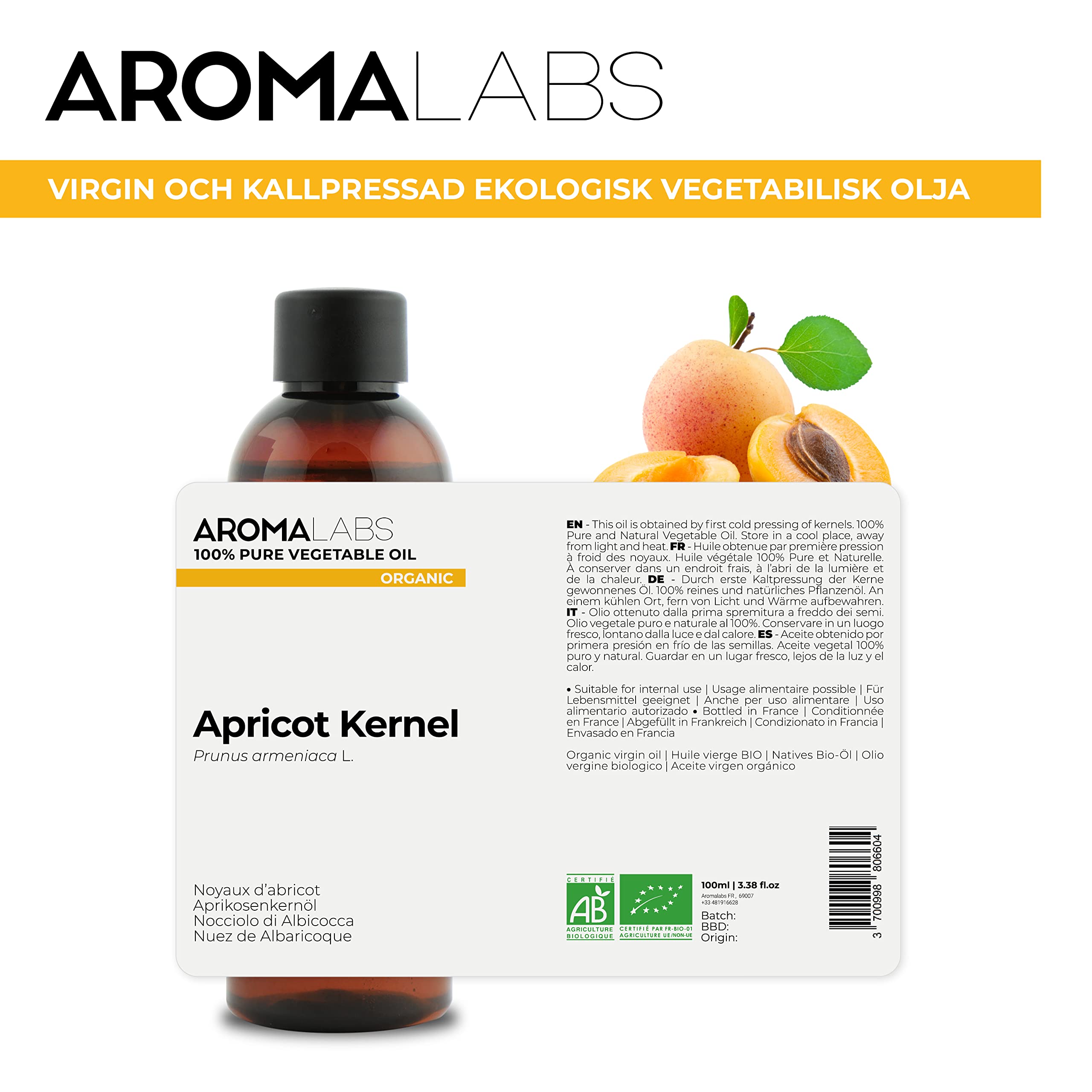 ORGANICZNY - DOŁY APRICOTOWE Olej Roślinny - 100mL - 100% czysty, naturalny, tłoczony na zimno i certyfikowany AB - AROMA Labs (Marka francuska)