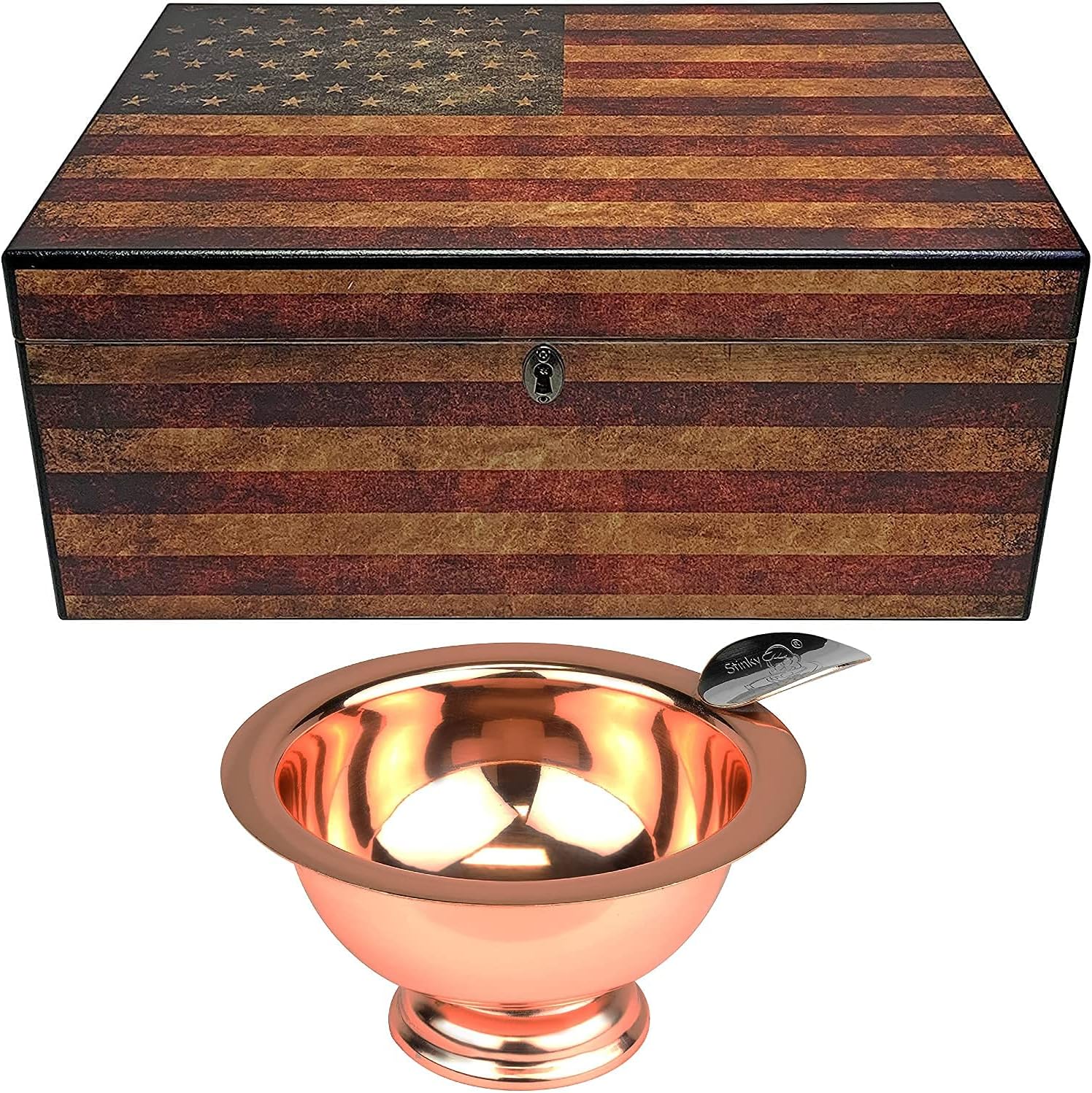 QUALITY IMPORTERS TRADING COMPANY Old Glory Humidor with Weathered American Flag & Stinky Cigar Personal Size Ashtray (Copper Plated)