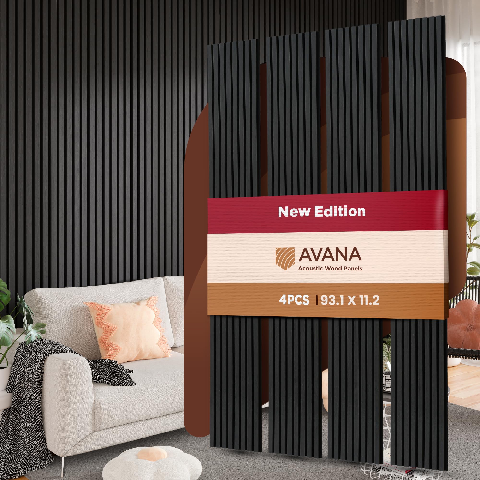 avana acoustic wood wall panels - 93.2x11.25 inch panels - fits 94x12 layout - black oak acoustic panels 4 pcs - wall panels for interior wall decor for homes, offices - design wood panels for wall