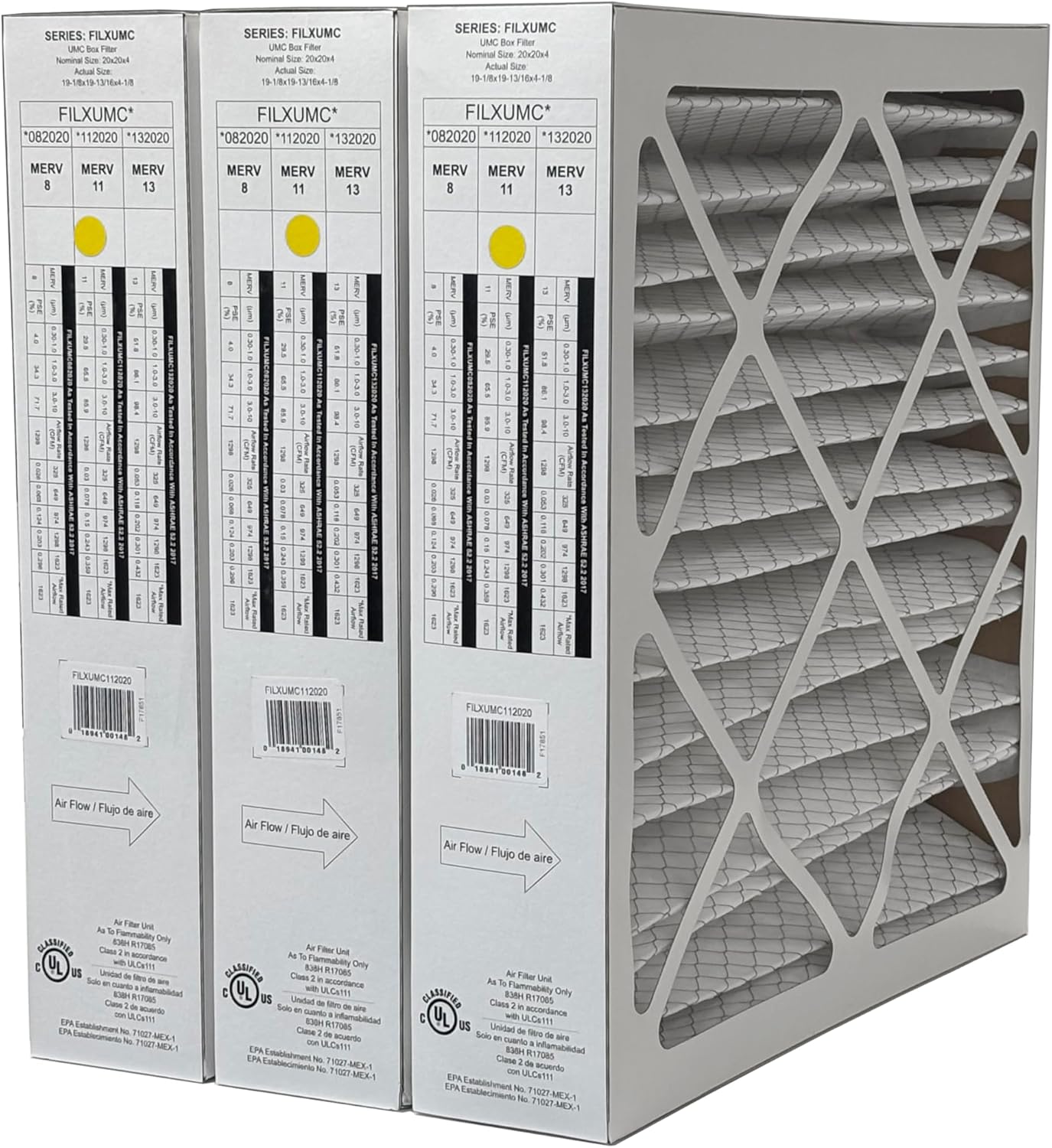 Carrier & Bryant FILXUMC112020-20" x 20" x 4" Pleated Air Filter, MERV 11 replaces old part # FILXXFNC0121 (3-Pack)
