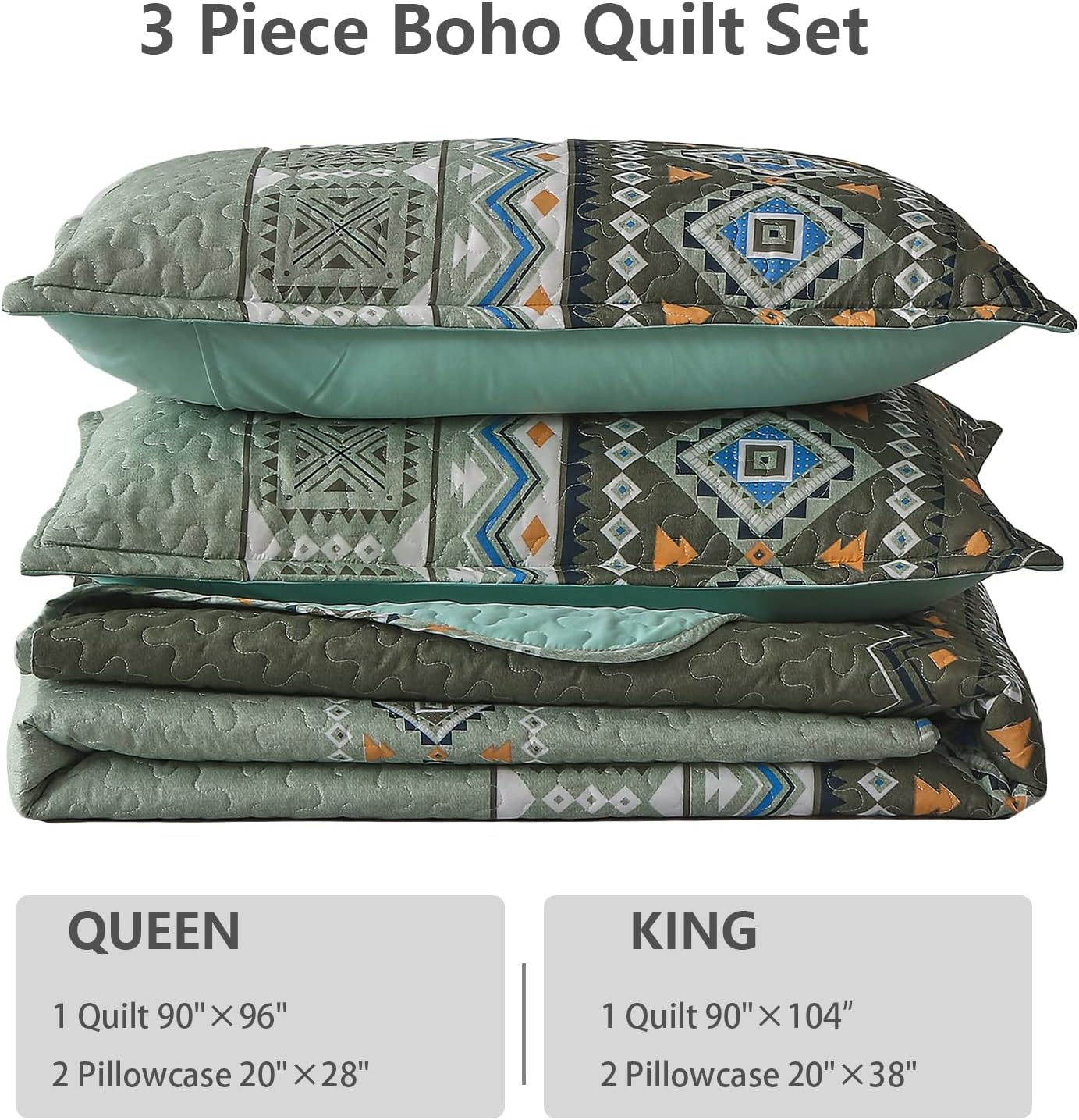 WONGS BEDDING Boho Quilt Set King,3 Piece Olive Green Fall Bedspread Coverlet Set with Geometry Printed for All Season, Lightweight Oversized Bohemian Bedding Set 104"×90" - Image 7