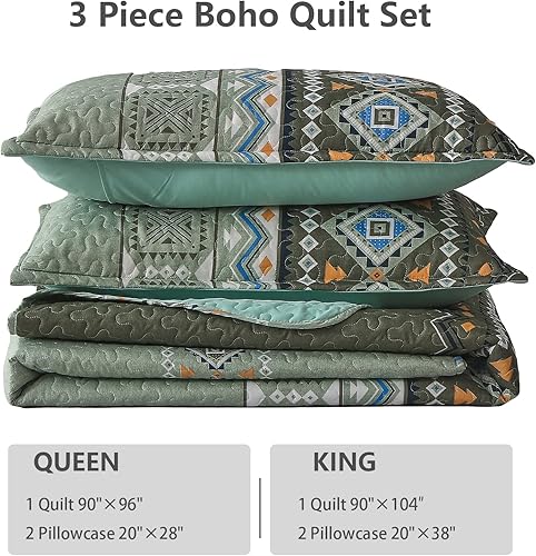 Miniatura 7 de WONGS BEDDING - Juego de edredón Boho King, juego de 3 piezas de edredón verde oliva de otoño con estampado geométrico para todas las estaciones,
