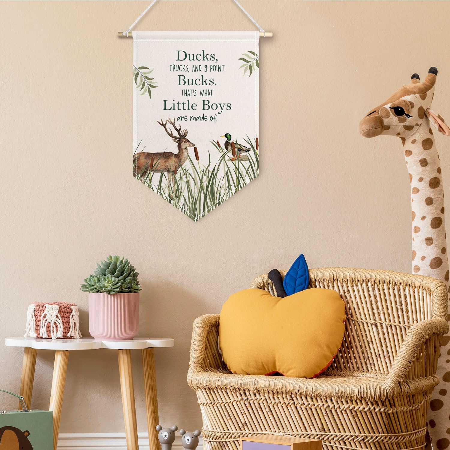 ChissNook Ducks Bucks Little Boys Canvas Banner, Boy Nursery Hanging Pennant Banner Flags Wall Display, Wild Mallard Duck Deer Wall Decor for Toddler Kids Boys Room Bedroom Nursery Playroom