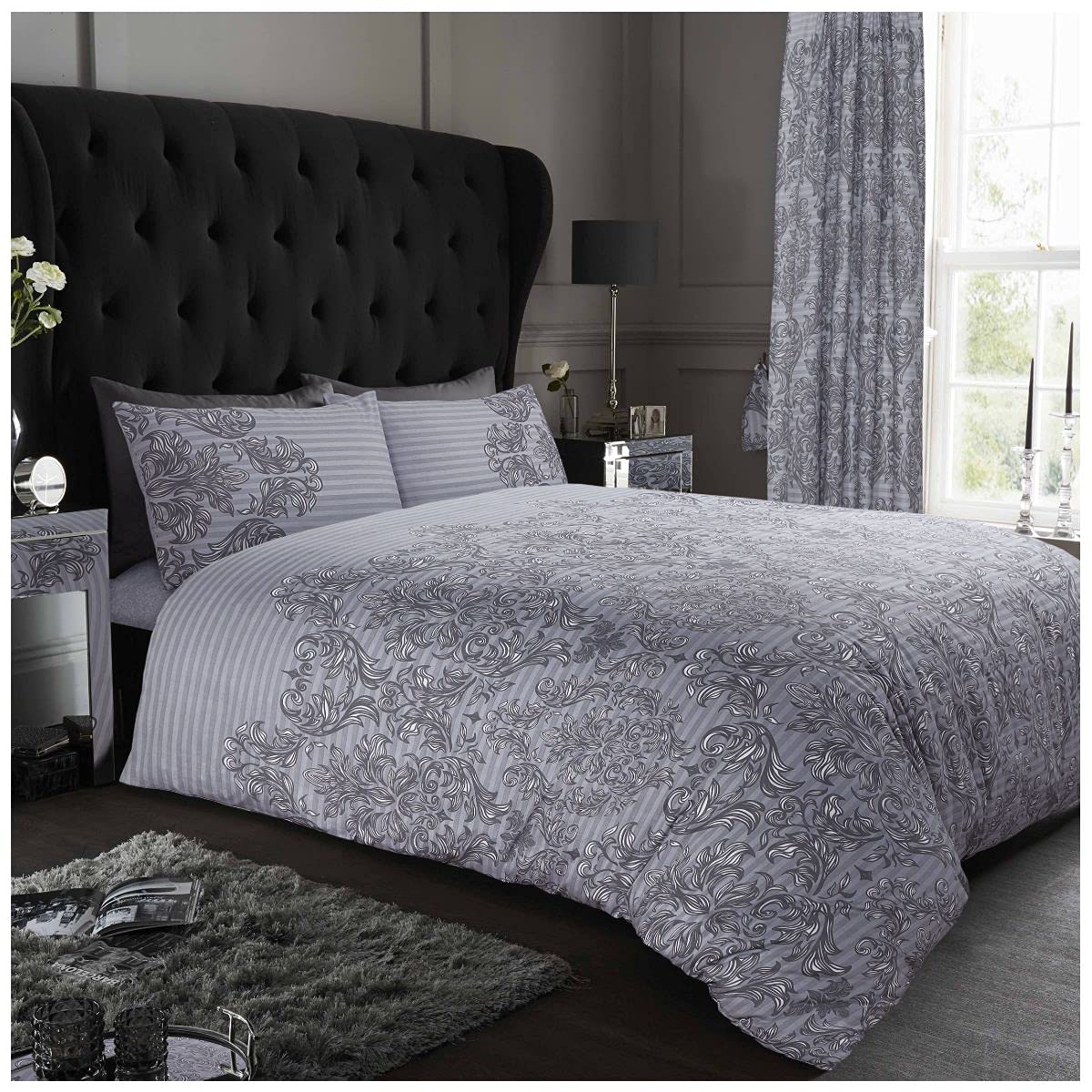 Luxury Striped Duvet Cover Set, Easy Care Reversible Empire Damask Bedding Sets King Size, Grey