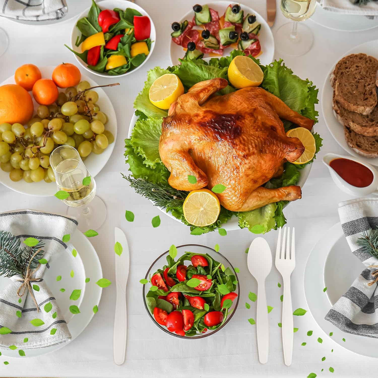 Honeydak Pre Rolled Napkin Cutlery Set 100% Compostable Utensils (200pcs, 50set) 7" Large Disposable Utensils Wrapped Forks Knives Spoons Napkins Cornstarch Silverware Cutlery for Party (White)