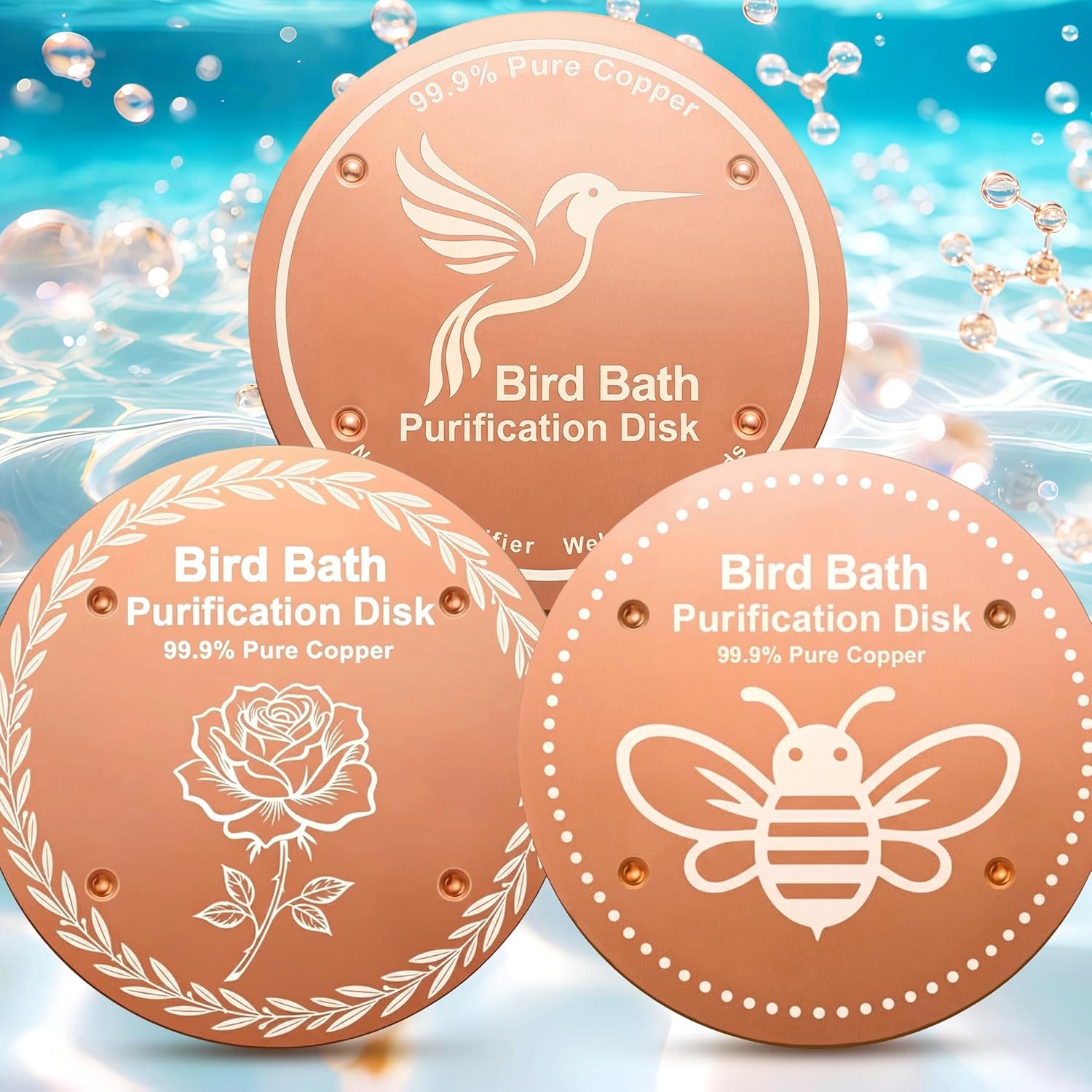 OICEME Bird Bath Purification Disc Pure Copper Backyard Outside Solar Power Wild Hummingbird Pedestal Fountain Cleaner Outside Feeder Cage Dispenser Heater Outdoor Railing Glass Concrete Gifts Rose