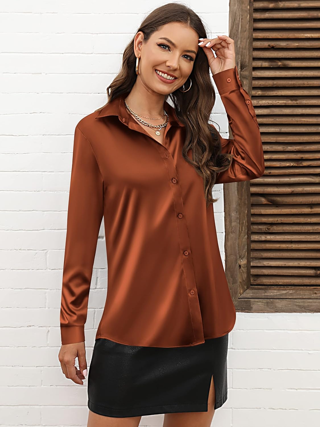 CUNLIN Womens Soft Satin Silk Leopard Button Down Shirts for Women Silky Long Sleeve Work Shirt Dress Blouses Tops - Image 2