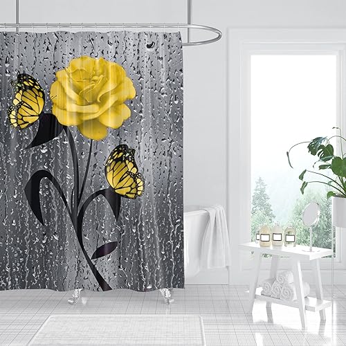 Miniatura 2 de Juego de 4 cortinas de ducha de flores amarillas con alfombras antideslizantes y cubierta para tapa de inodoro, decoración floral de mariposa,