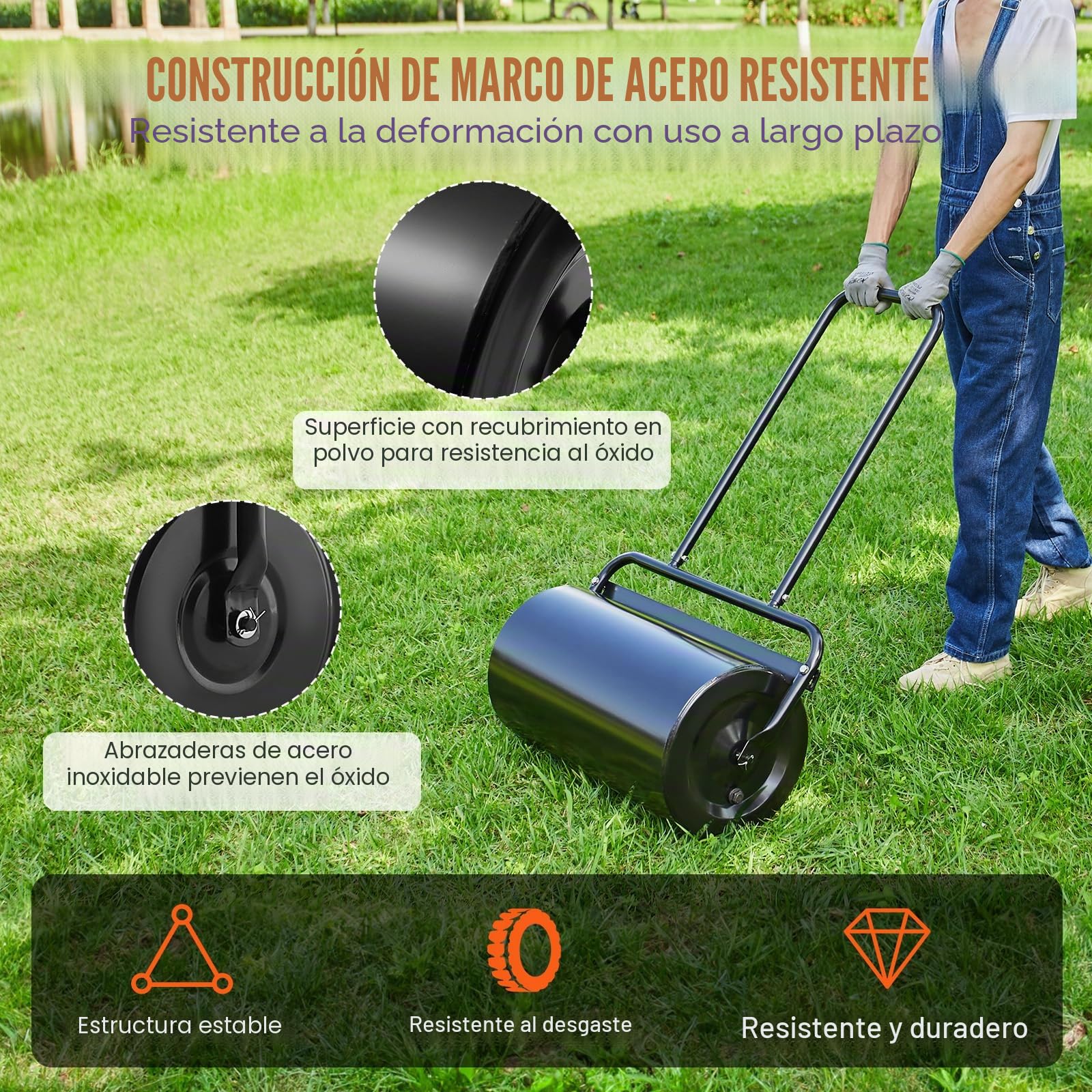 VEVOR Rodillo para Césped de 13 galones/49 L Rodillo para Jardín Relleno de Arena/Agua Rodillo para Césped de Acero Fácil Giro Mango Ergonómico en Forma de U para Césped, Jardín, Granja, Parque