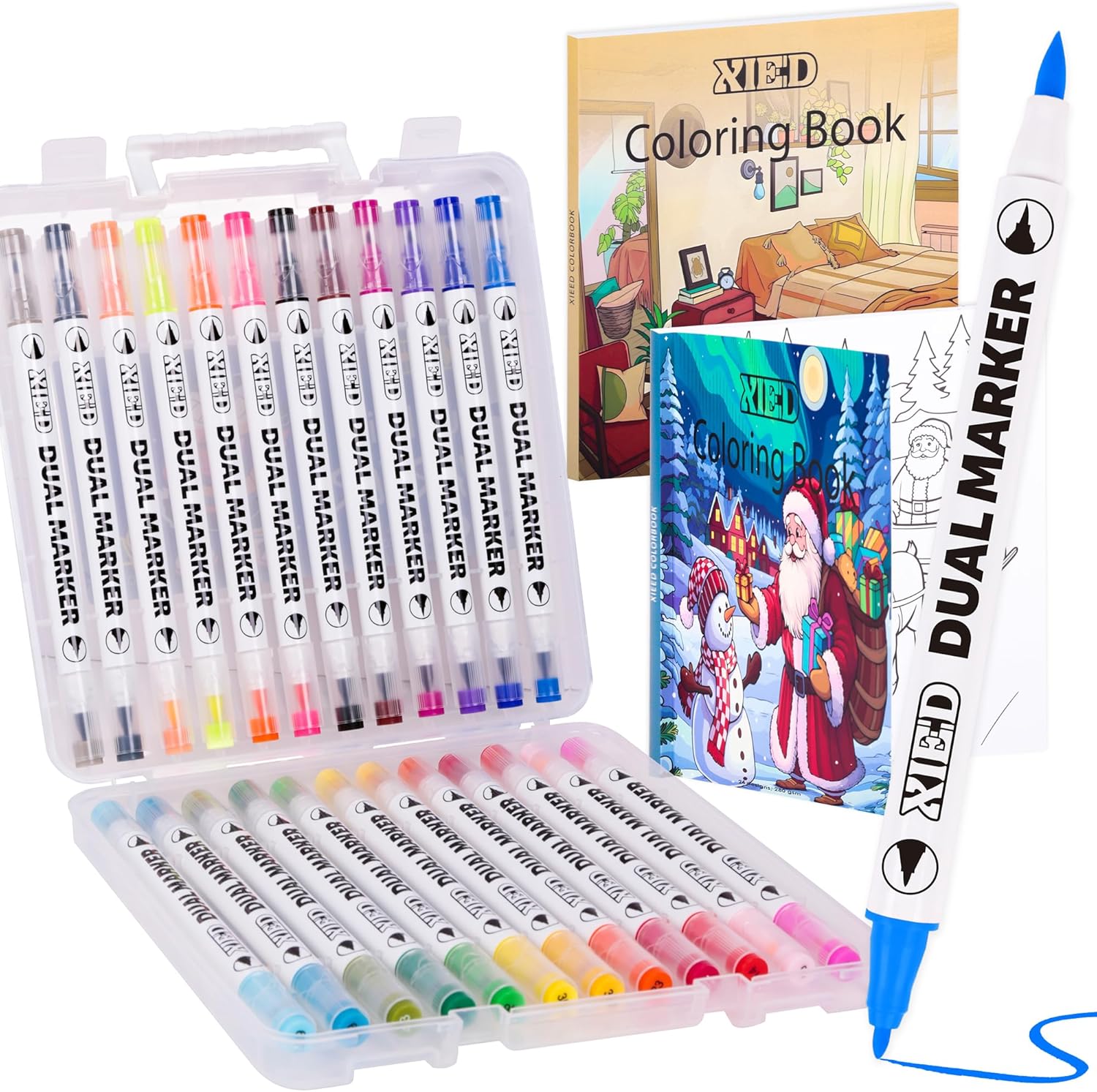 24 Colors Alcohol Markers & 2 Pack Coloring Book Set for Adults to Relax and Relieve Anxiety, included 24 * 2 Themes Designs Christmas & Home