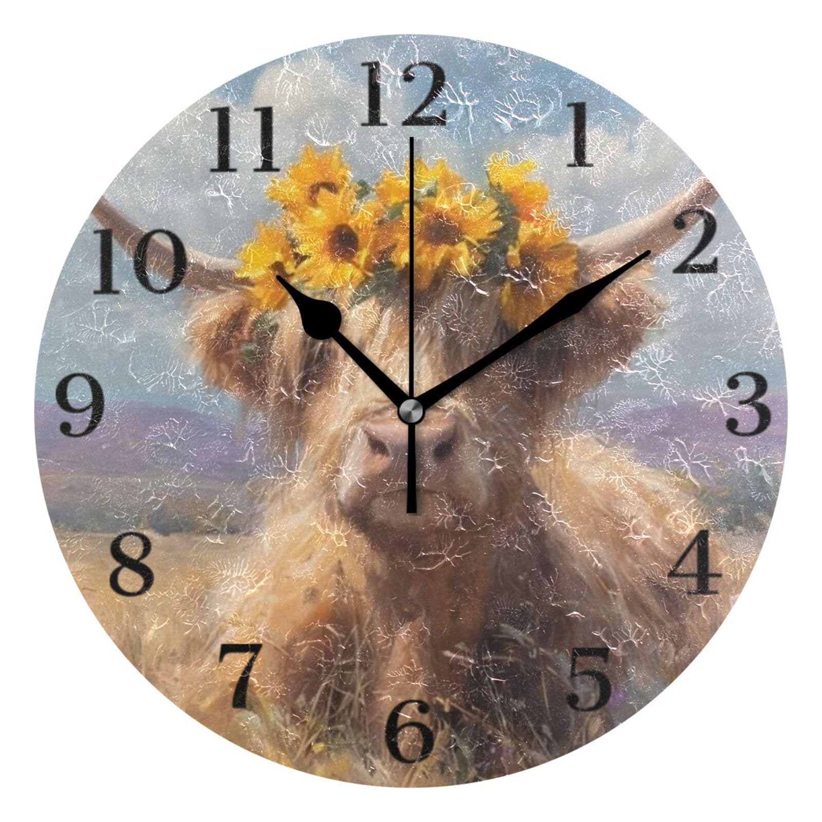 Ensound Wall Clock Silent Non-Ticking Battery Operated Clocks 12 Inch for Kitchen Home Living Room Cow with Sunflower Pink