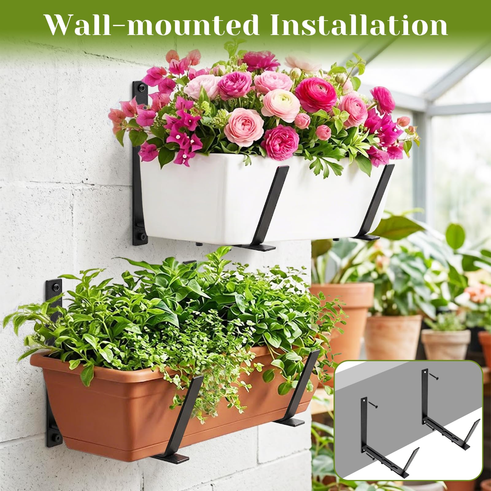 4 Stück Blumenkastenhalter für Balkon-Brüstungen und Geländer, Verstellbar Blumenkastenhalterung 2 Montagearten Metall Pflanzkastenhalterungen für Wände, Gärten, Zäune, Terrassen