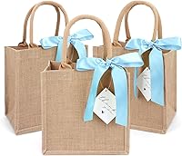 Vista 20 de Paquete de 6 bolsas de arpillera con asas reutilizables pequeñas bolsas de regalo de yute con cintas de seda moradas, forro impermeable para boda