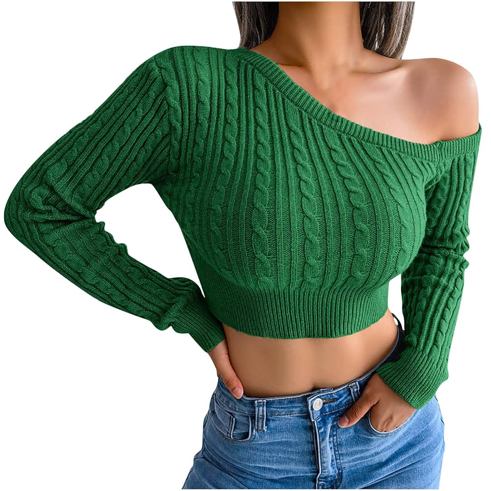 トップス Double Knit Cropped Pullover tuduoms Women's Off Shoulder Crop Top Sweater Long Sleeve