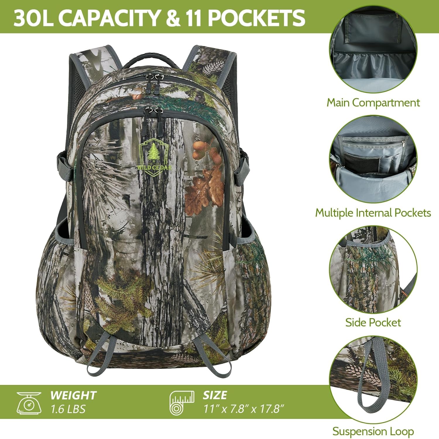 30L Kids Camo Hunting Backpack with 11 Pockets, Small Lightweight Hunting Bag for Youth, Day Pack for Travel, Hiking, Camping