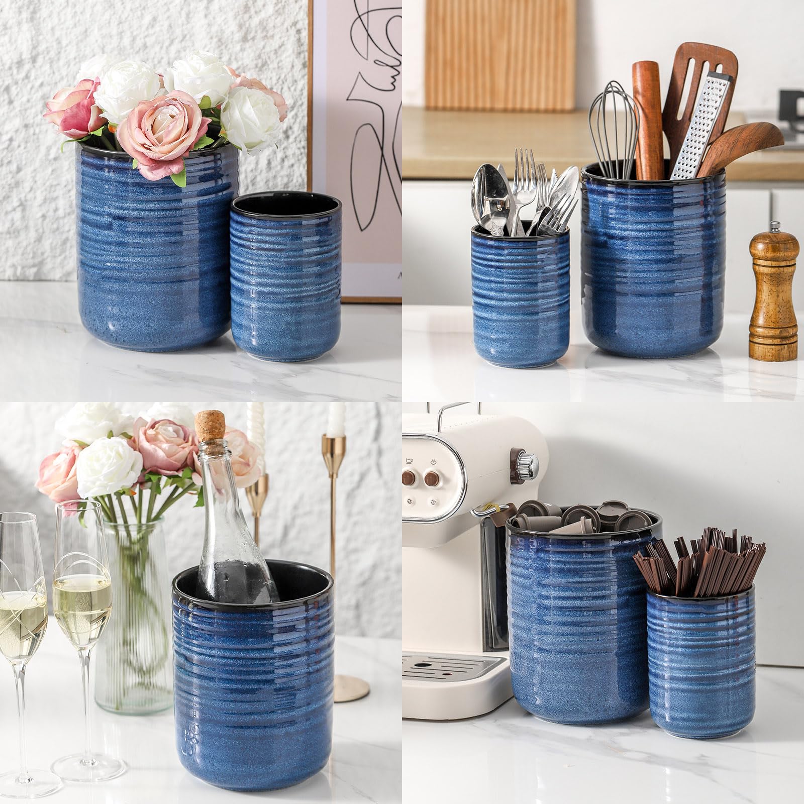 HASENSE Großer Keramik-Utensilienhalter, 18,8 cm, Küchenutensilien-Topf für Arbeitsplatte, moderner Bauernhaus-Utensilien-Organizer für Kochutensilien-Set, blaue Küchendekoration