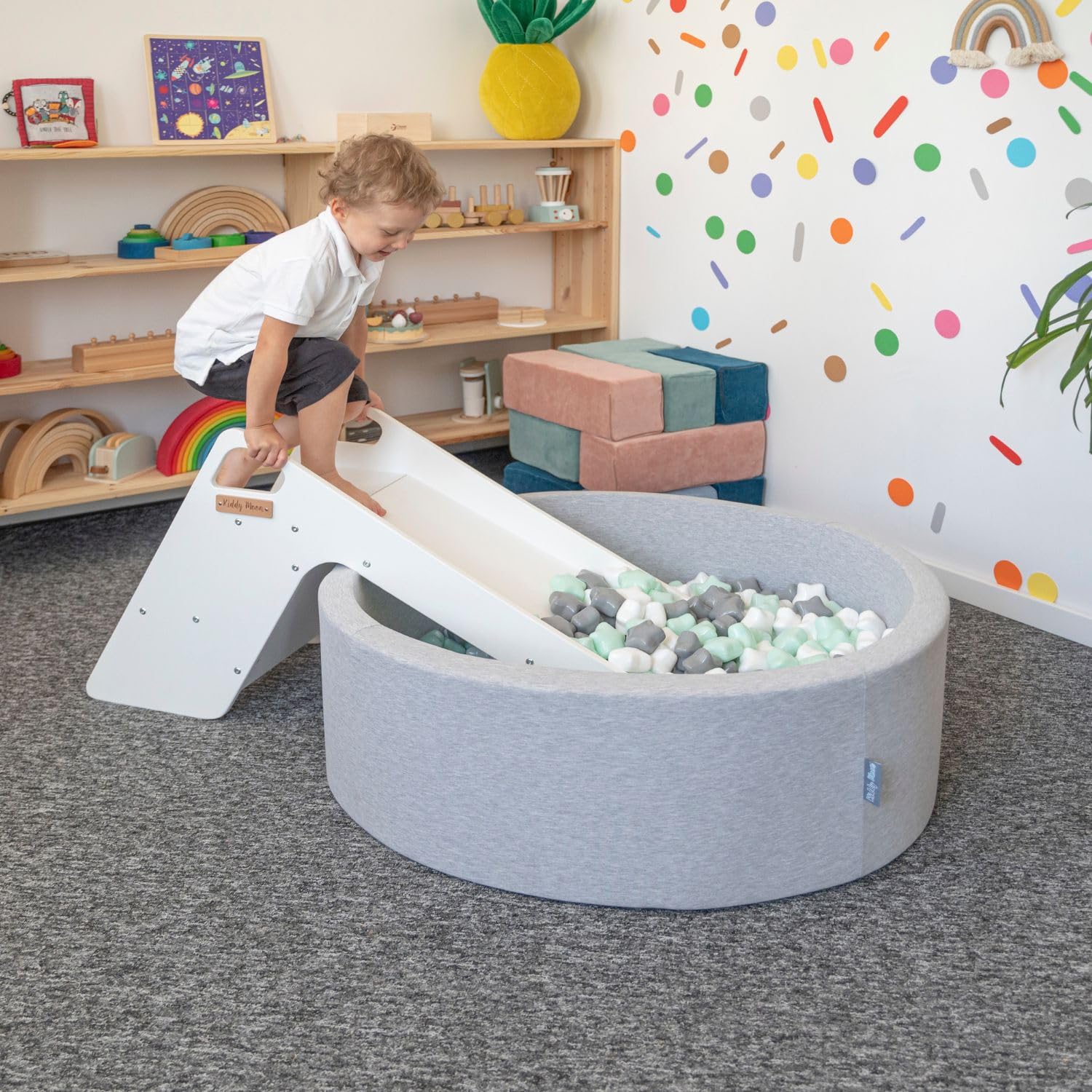 KiddyMoon Scivolo E Sedia In Legno Per Bambini 2In1 Montessori Multifunzione, Grande, Bianco