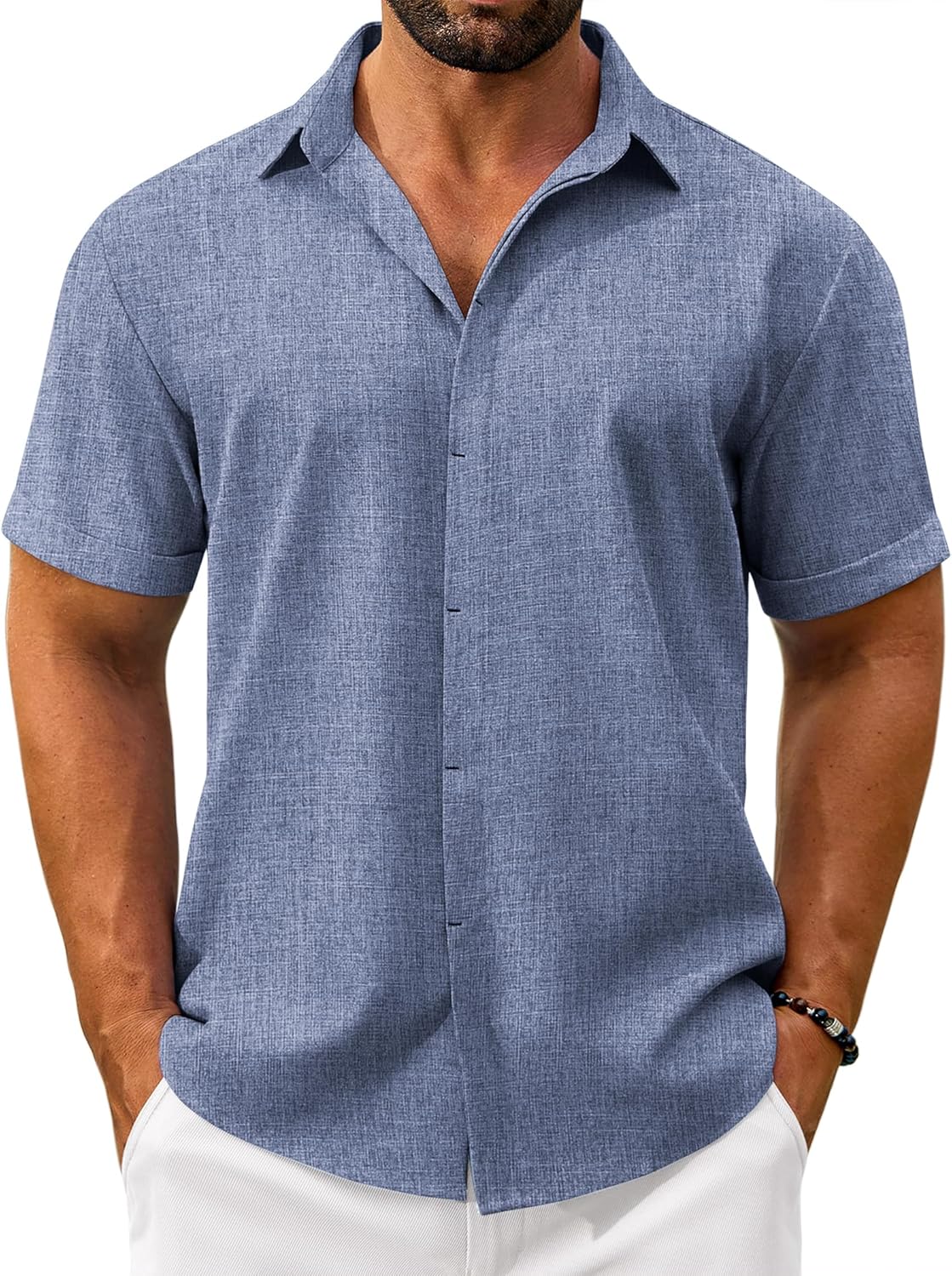 Linen Shirts for Men Casual Short Sleeve Button Down Shirt Beach Summer Vacation Wedding Cotton Tops