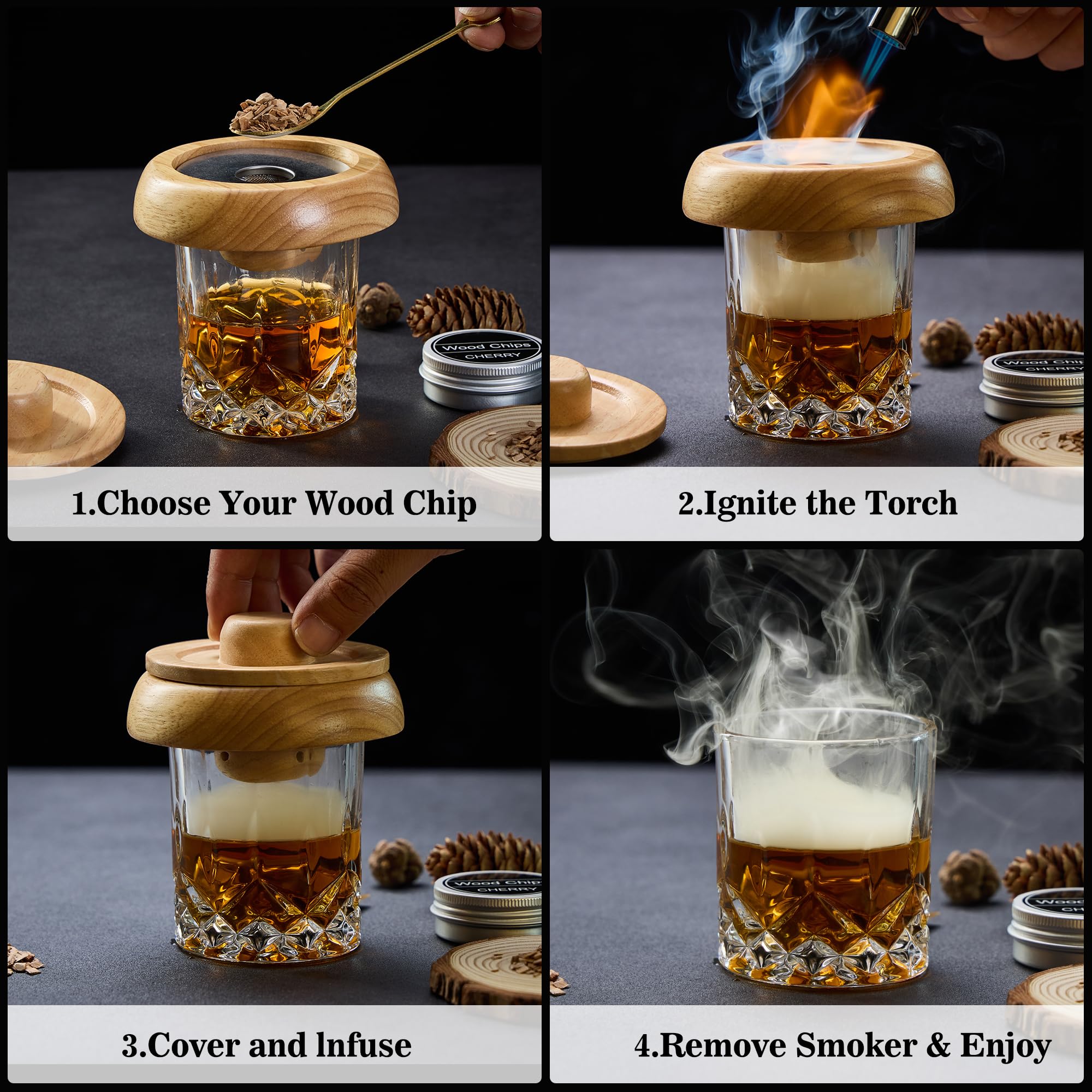 Zestaw wędzarniczy do koktajli – zestaw do whisky z 6 drewnianymi chipsami, 4 kamieniami do whisky ze stali nierdzewnej i ulepszonym palnikiem – zestaw do wędzenia w stylu Old Fashioned i
