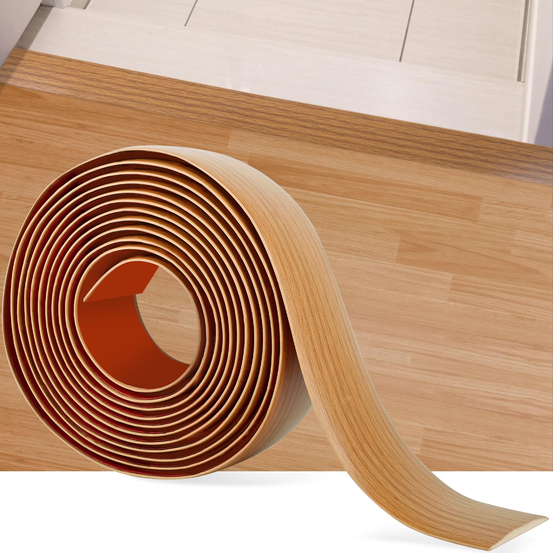 Photo 1 of 10Ft Floor Transition Strip Self Adhesive Vinyl Cover Floor Strip Flat Divider Transition Strip Wood Grain Design for Laminate Floor Gaps and Doorway Transitions (10Ft x 2 Inch, Light Brown)