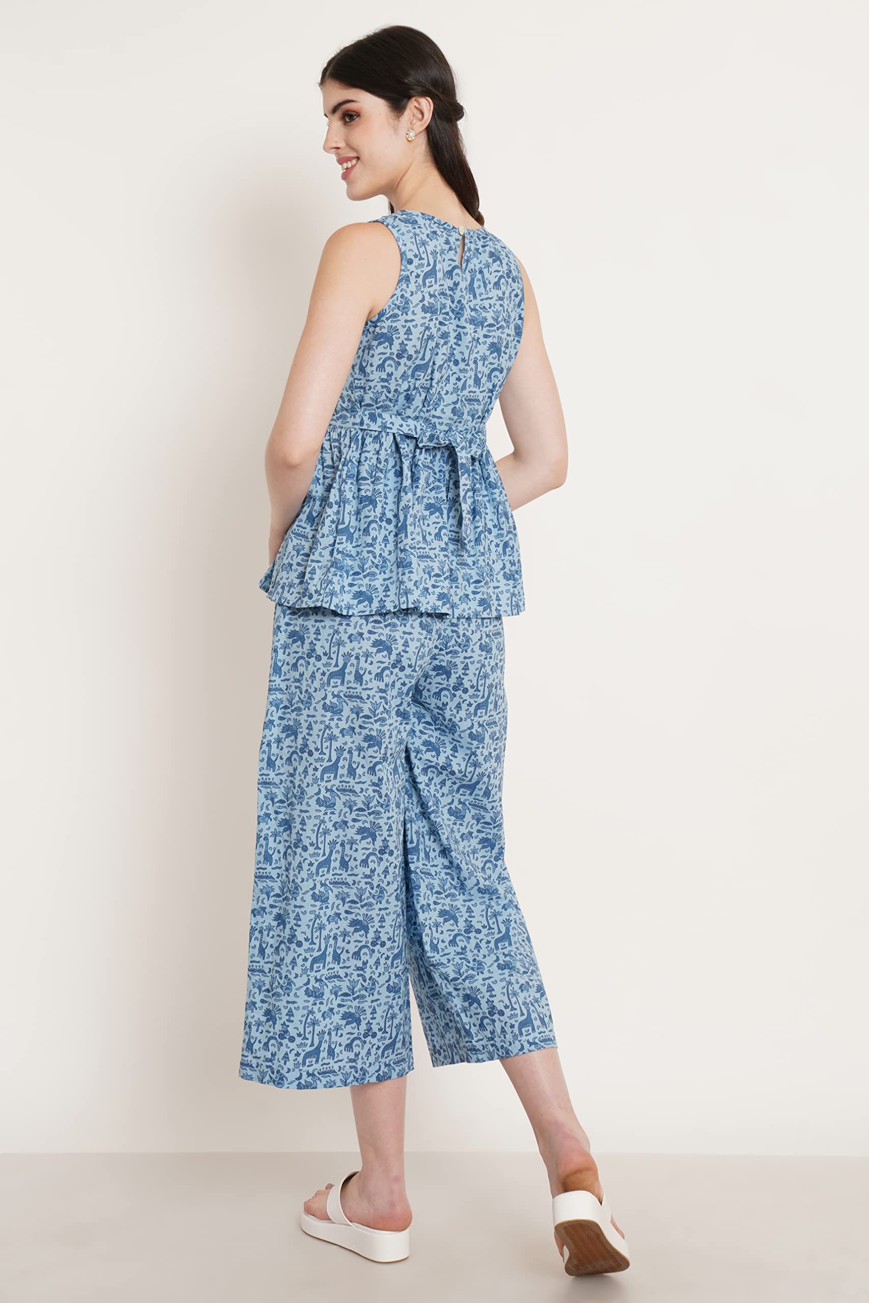 COTLAND Fashions Breathable Cotton Printed Sleeveless Peplum Top with Pants Co-Ord Set for Women (Dino Blue) 3