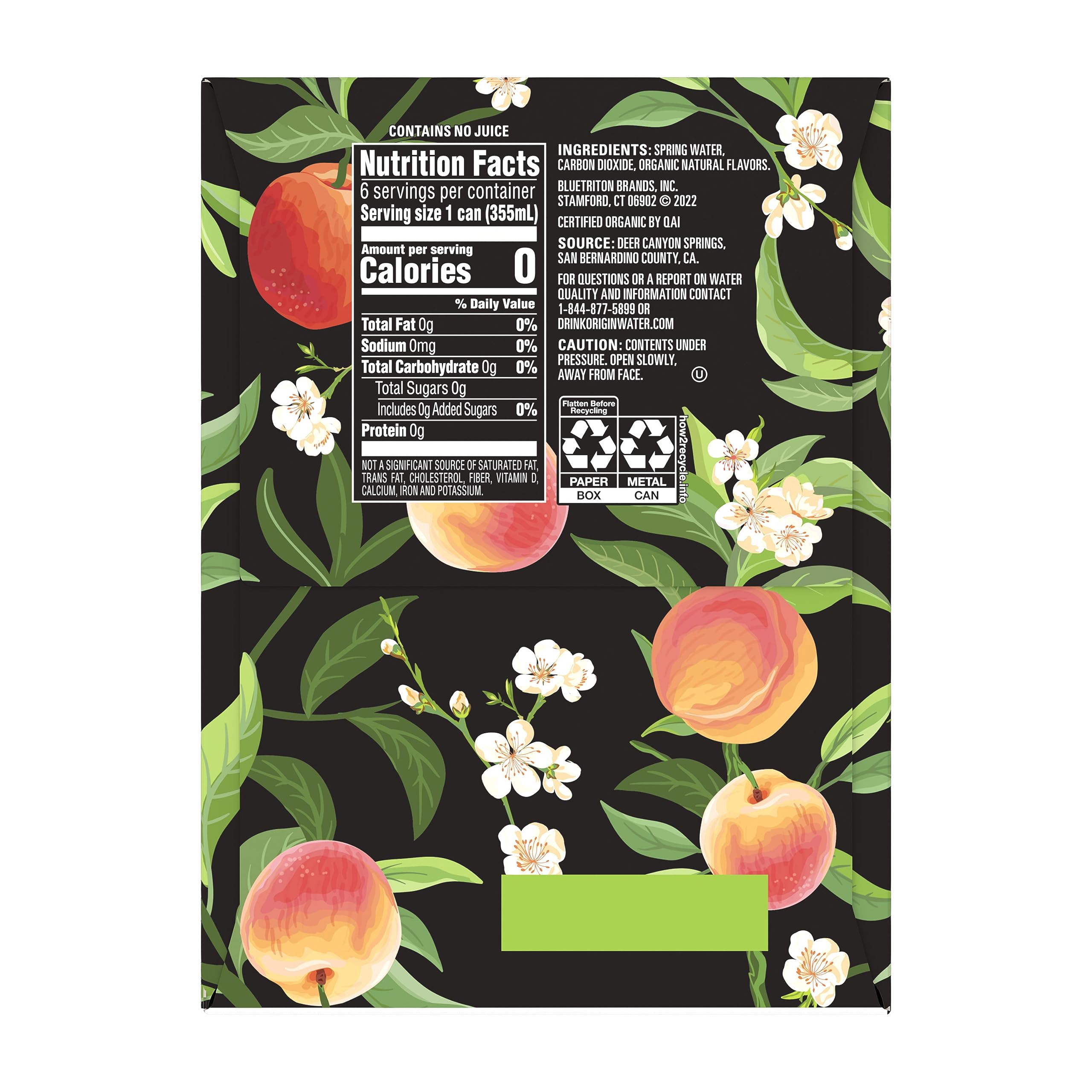 ORIGIN Organic & Non-GMO Peach Flavor Sparkling Water, 12 Fl Oz, Recyclable Aluminum Cans (6 Count) (Pack of 2)
