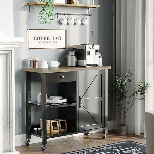 Miniatura 4 de Carritos de isla de cocina con ruedas, isla rodante de granja para cocina con cajones de almacenamiento y estante ajustable, estantes de vino,