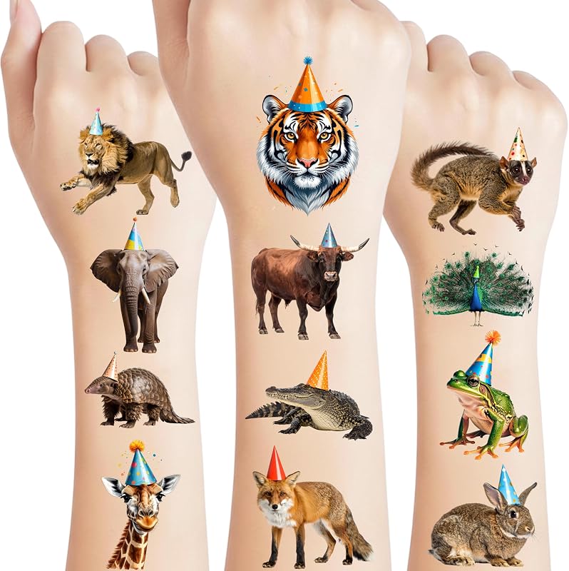 Jungle Animal Temporary Tattoos | Wildlife Animal Themed Birthday Party Decorations Zoo Party Favors Supplies Accessories Stickers Decor Gift Idea For Kids Adult Teen Boy Girl