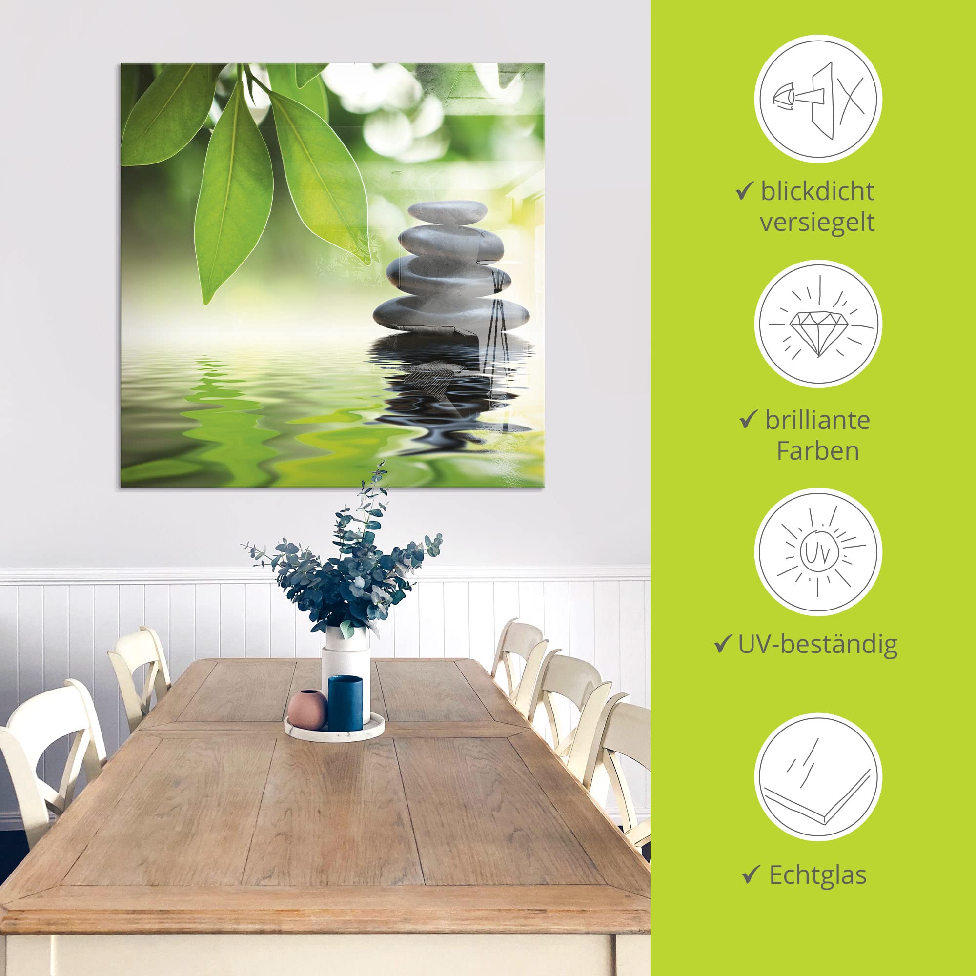ARTland Wanddeko Glasbilder Wandbild Glas Bild einteilig 45x60 cm Hochformat Asien Wellness Entspannung Spa Zen Steine Gräser Pyramide Wasser T5UJ