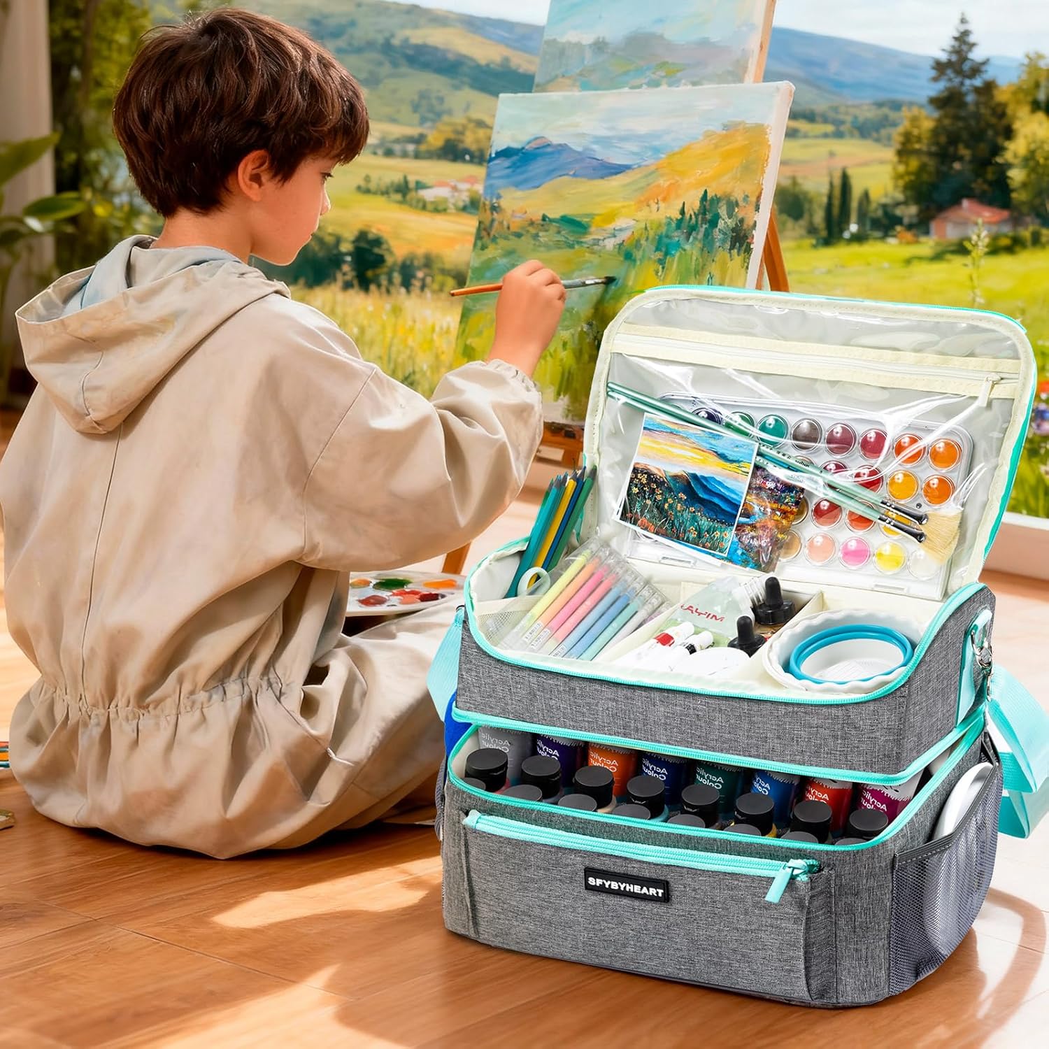 Acrylic Paint Organizer Bag with Washable Roll-Up Brush Holder, 2-Layer Art Supply Case, Large Craft Organizer with Foam Inserts for Apple Barrel, Shuttle Art, Caliart Art Supplies Storage Bag