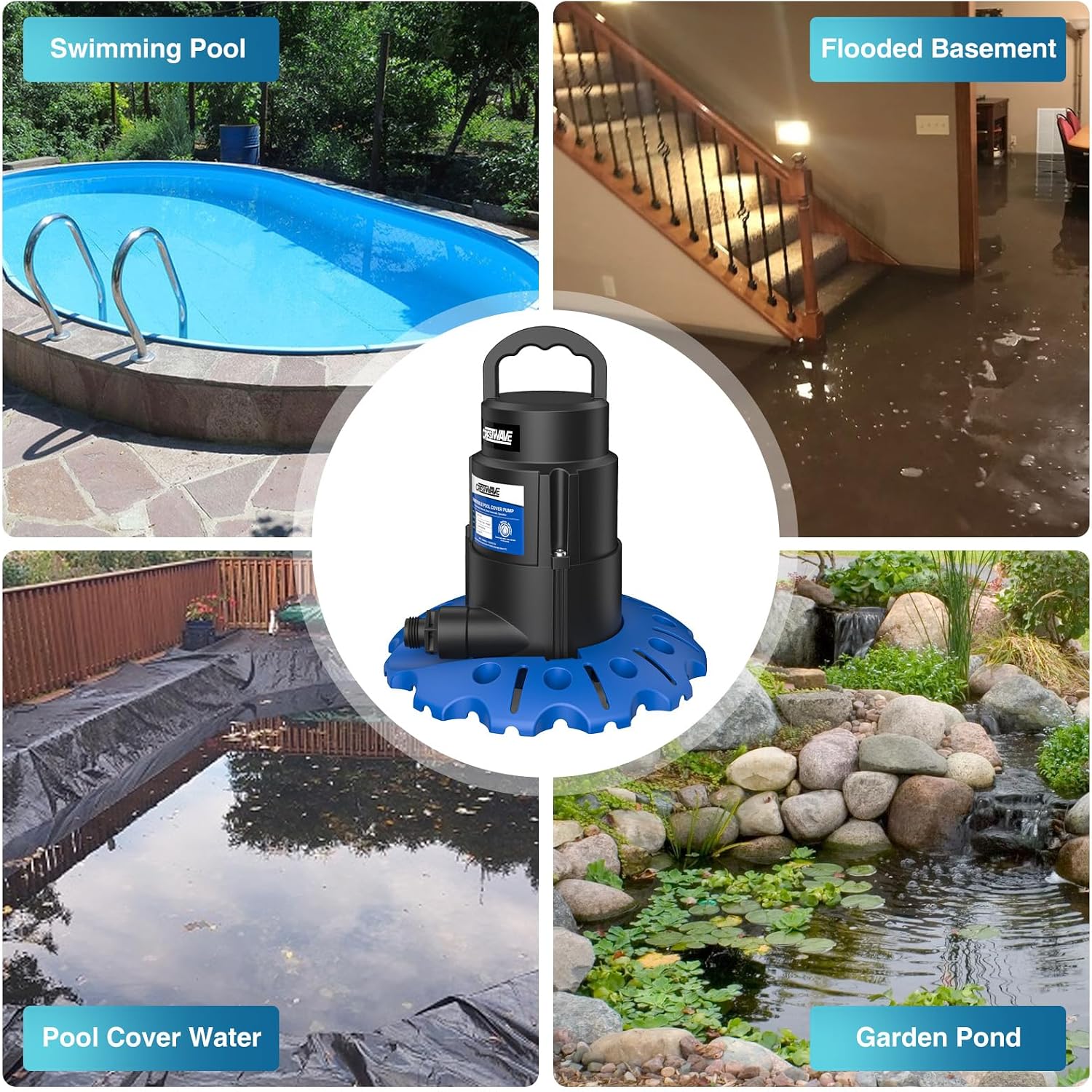 CrestWave 1/3 HP Automatic Pool Cover Pump with Weighted Anti-Tip Base | 3100 GPH Auto On/Off Sump Pump, Clog-Resistant Dual Filter & 3/4'' GHT Adapters, 25ft UL Cord & Rope for Pool, Hot Tub