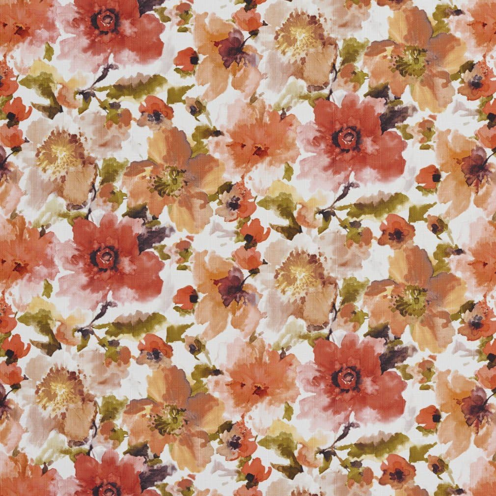 Orange and Green Large Floral Patterned Print Upholstery Fabric by The Yard - SKU: Gafton Spice