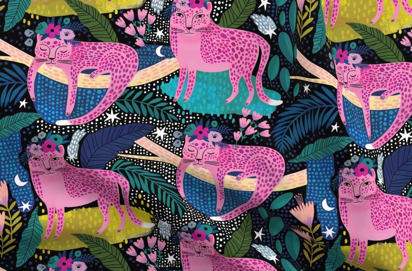 Spoonflower Fabric - Cheetah Night Flowers Stars Floral Rain Palm Printed on Minky Fabric by The Yard - Sewing Baby Blankets Quilt Backing Plush