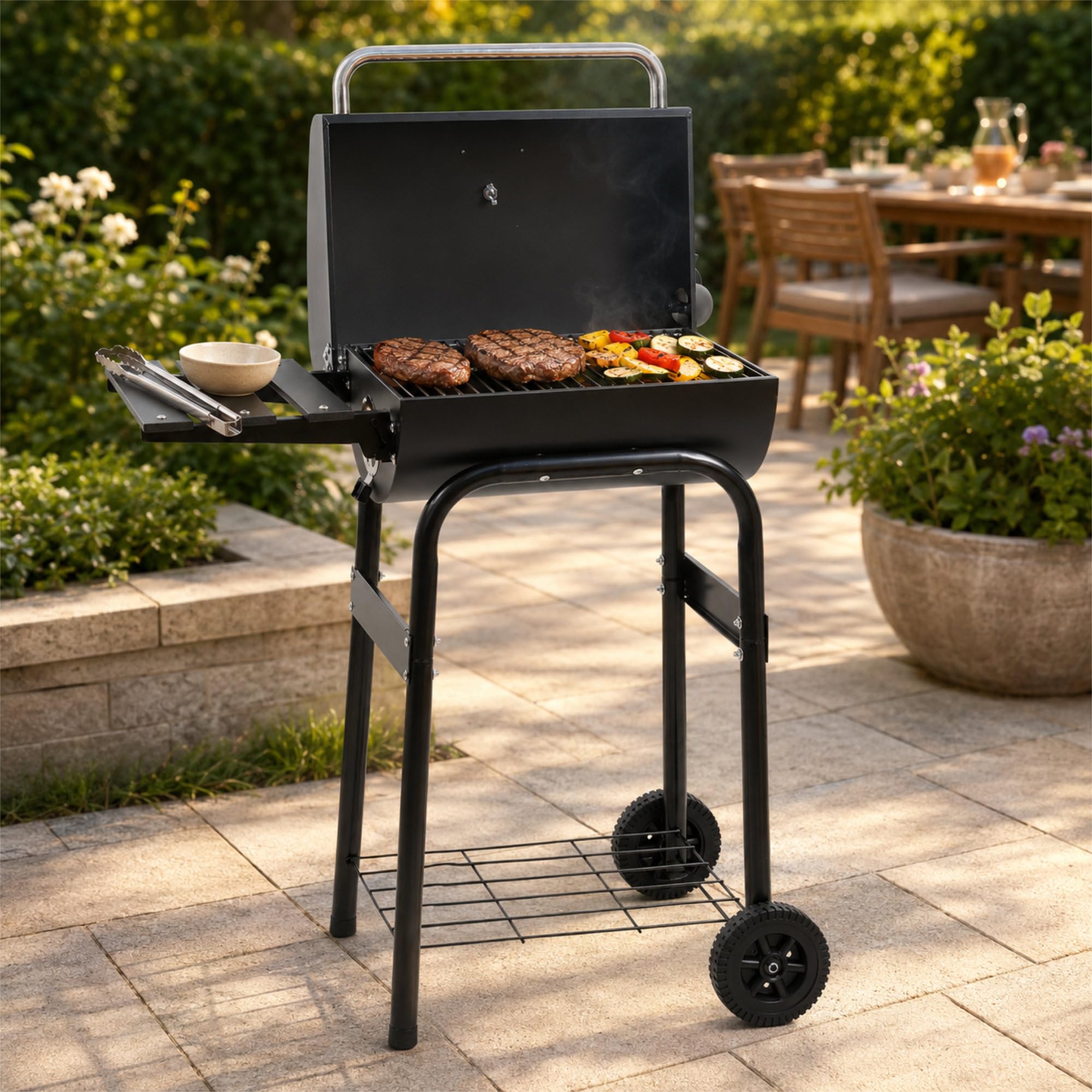 BBQ-Toro Grill na węgiel drzewny z termometrem i kominem | (szer.) 84 x (głęb.) 47 x (wys.) 118 cm | grill na kółkach na kółkach, grill na świeżym powietrzu, grill wędzarniczy, grill ogrodowy, grill